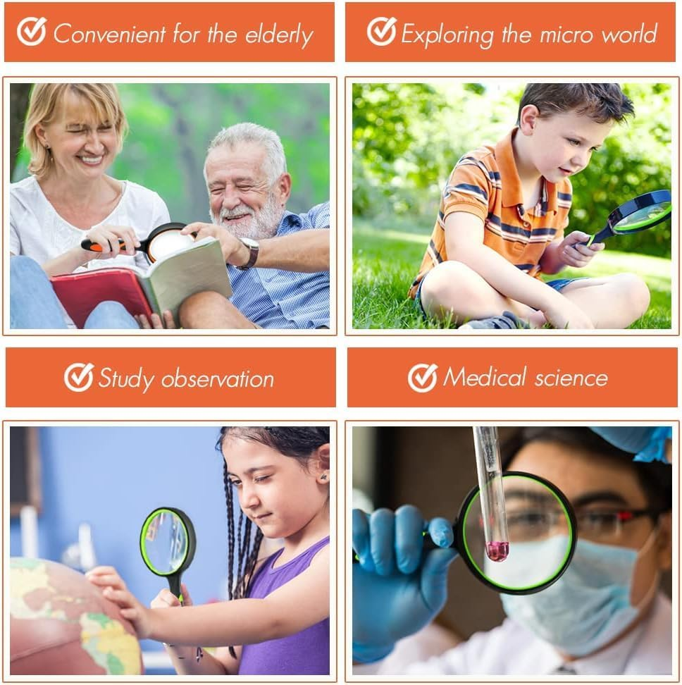 2 Pack 10X Magnifying Glass for Seniors & Kids, Non-Slip Handheld Magnifier for Reading, 75Mm Magnify Glasses Lens for Close Work, Science and Hobby Observation（Green and Orange image number 5