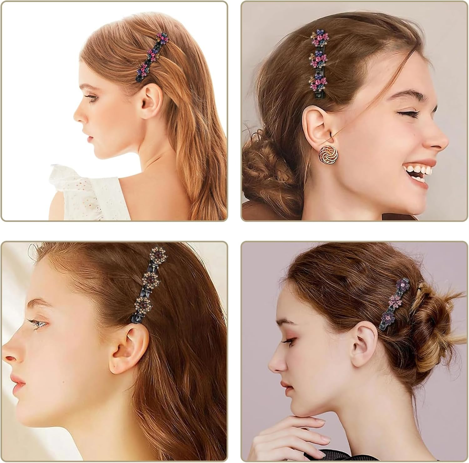 4 Sparkling Crystal Stone Braided Hair Clips, 3 Flower-Shaped Stones, Hair Accessories for Styling and Sectioning, Braided Duckbill Clips for Women and Girls. image number 3