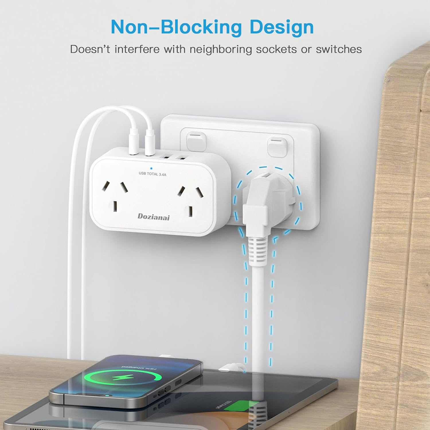 Power Board with 4 USB Ports (2 USB-C), No Cord Extension Cord, Travel Adapter, Double Adapter, USB Wall Plug, Outlet Extender for Home, Office, Cruise & Travel Essentials image number 1