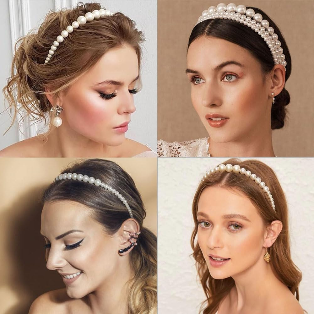 Leanockesa 3 Pcs Vintage Bridal Pearl Headband Set, Large Ivory Simulated Pearl Tiara Crown Hair Hoop for Women and Girls, Wedding Prom Party Hair Accessories (Beige,Three Styles) ﻿﻿ image number 5