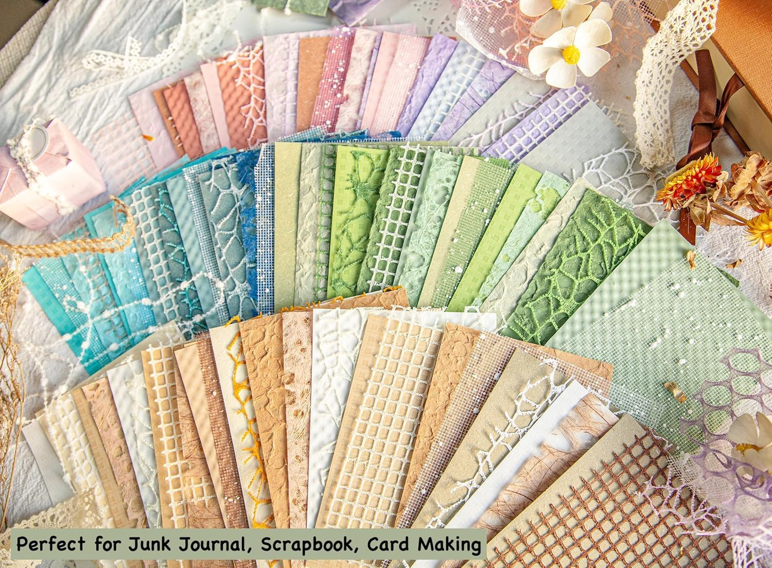 96 Sheets Textured Scrapbook Paper and Mesh Fabric Assorted Set, 6 Pack Mixed Special Paper for DIY Scrapbook Decor Planner Journal Supplies Mixed Media Collage Card Embellishments, 3.9X5.5 Inch image number 1