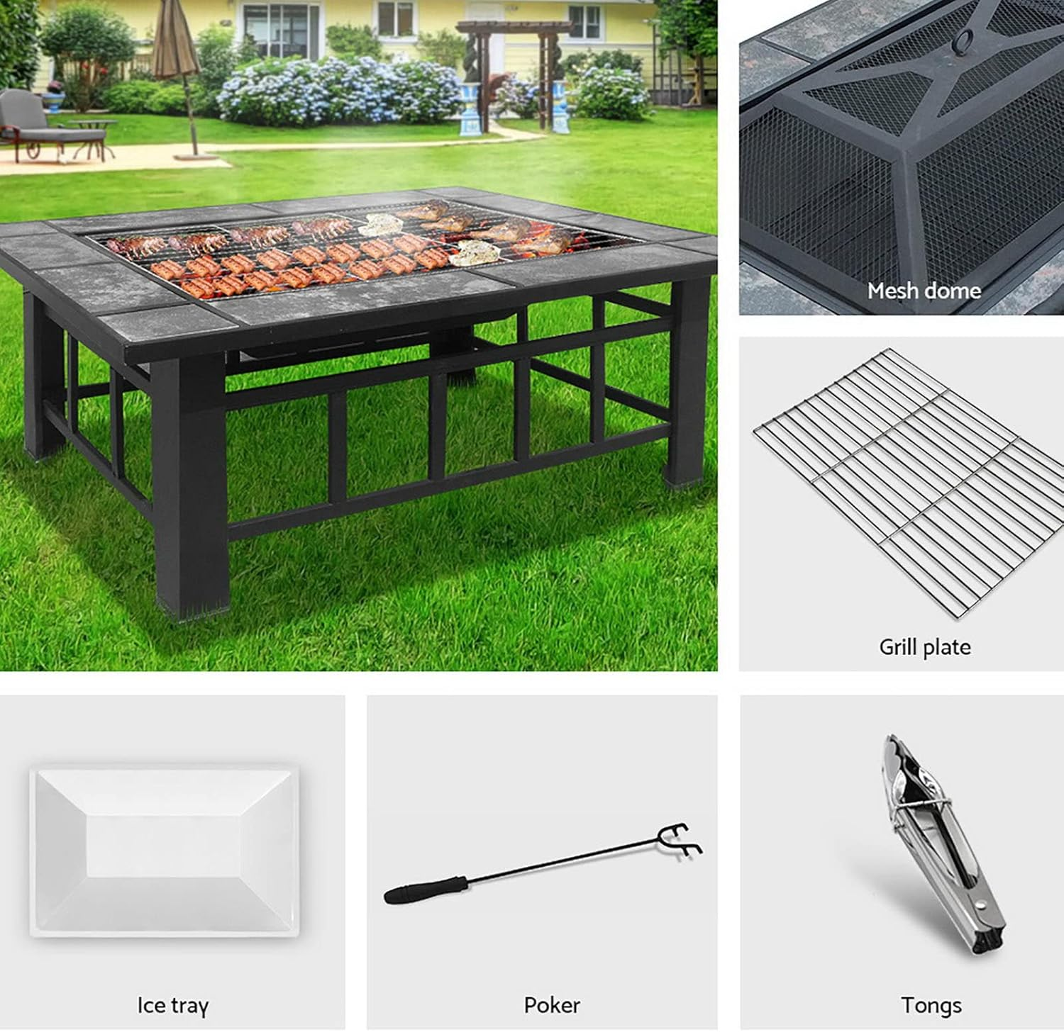Outdoor Fire Pit BBQ Table Grill Fireplace W/Ice Tray Barbecue Picnic Heater Desk Garden Patio Camping Cooker Brazier