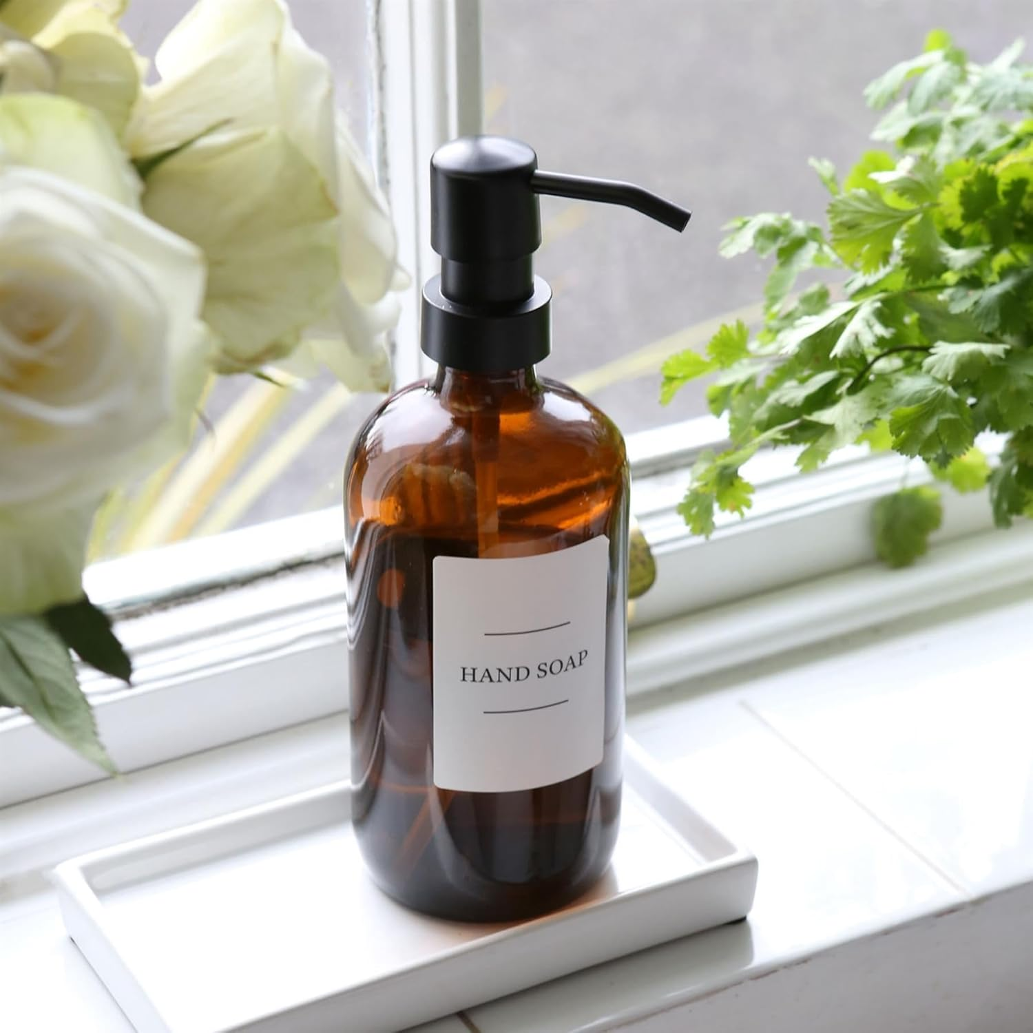 Harbour Housewares Glass Soap Dispensers with Labels - Amber/White - 2 Pack - 500Ml Refillable Soap Dispensers Hand and Dish Liquid Pump for Bathroom, Kitchen, Laundry Room image number 6