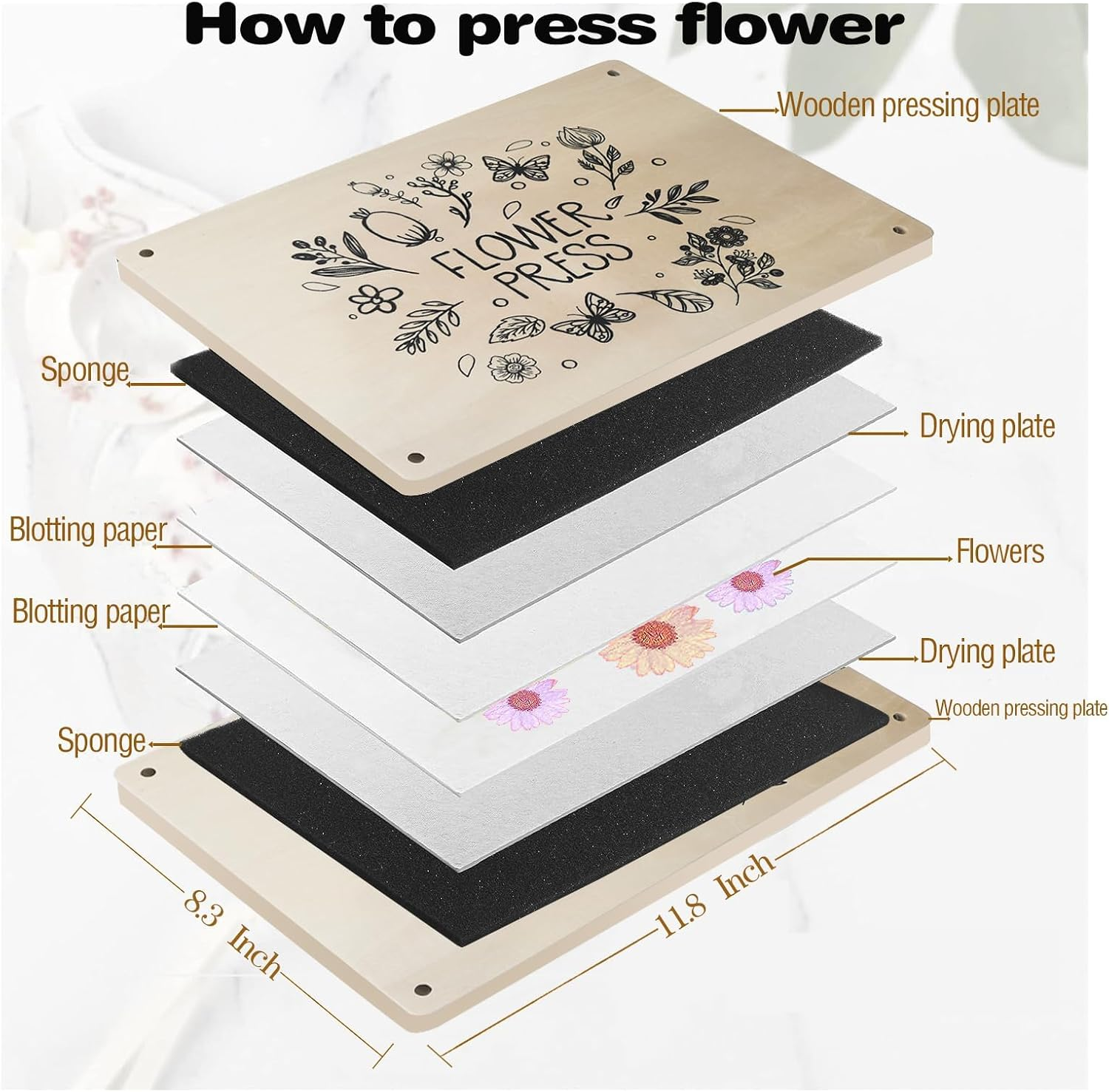 XICEN Flower Pressing Kit, 10 Layers Wooden Press for Adults, Making Dried Flowers, DIY Crafts (Beige-30X21Cm, Non-Foldable) image number 1