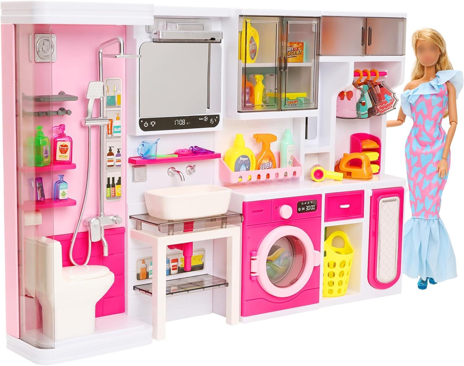 Barwa Mini Bathroom Playset, Dressing Table Toy Set, Toilet Accessories, Head Hair Stylist Toy Kit, Fashion Gown Dress Bathrobe Pajamas, Pretend Role Play Toys for Boys Girls image number 5