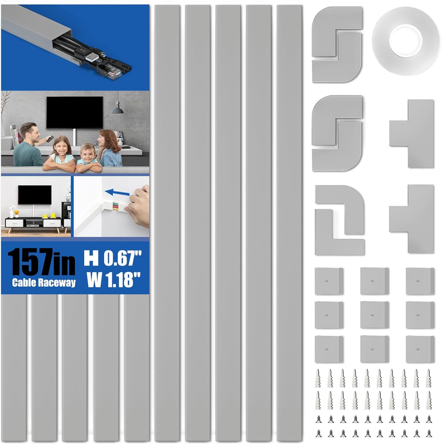 Delamu Cord Hider, 157In Wire Covers for Cords on Wall, Premium Cable Hider Cord Covers for Wires, Cable Management Wire Hiders for TV, Cable Raceway Kit, 10X L15.7X W0.95X H0.55In, White