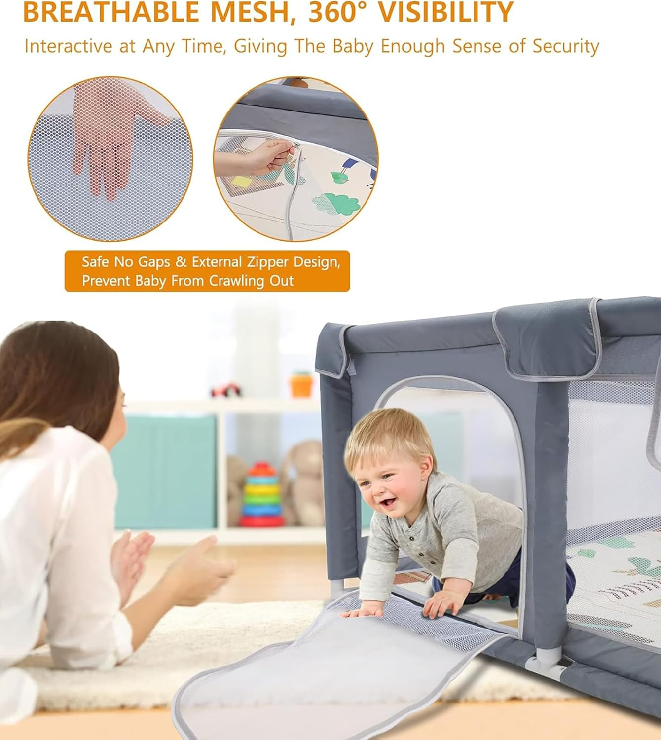 Extra Large Baby Playpen with Mat, Mankami 200 * 180Cm Baby Play Pen Yard for Babies and Toddlers Safety Baby Fence with Breathable Mesh Indoor & Outdoor Kids Activity Play Center image number 1