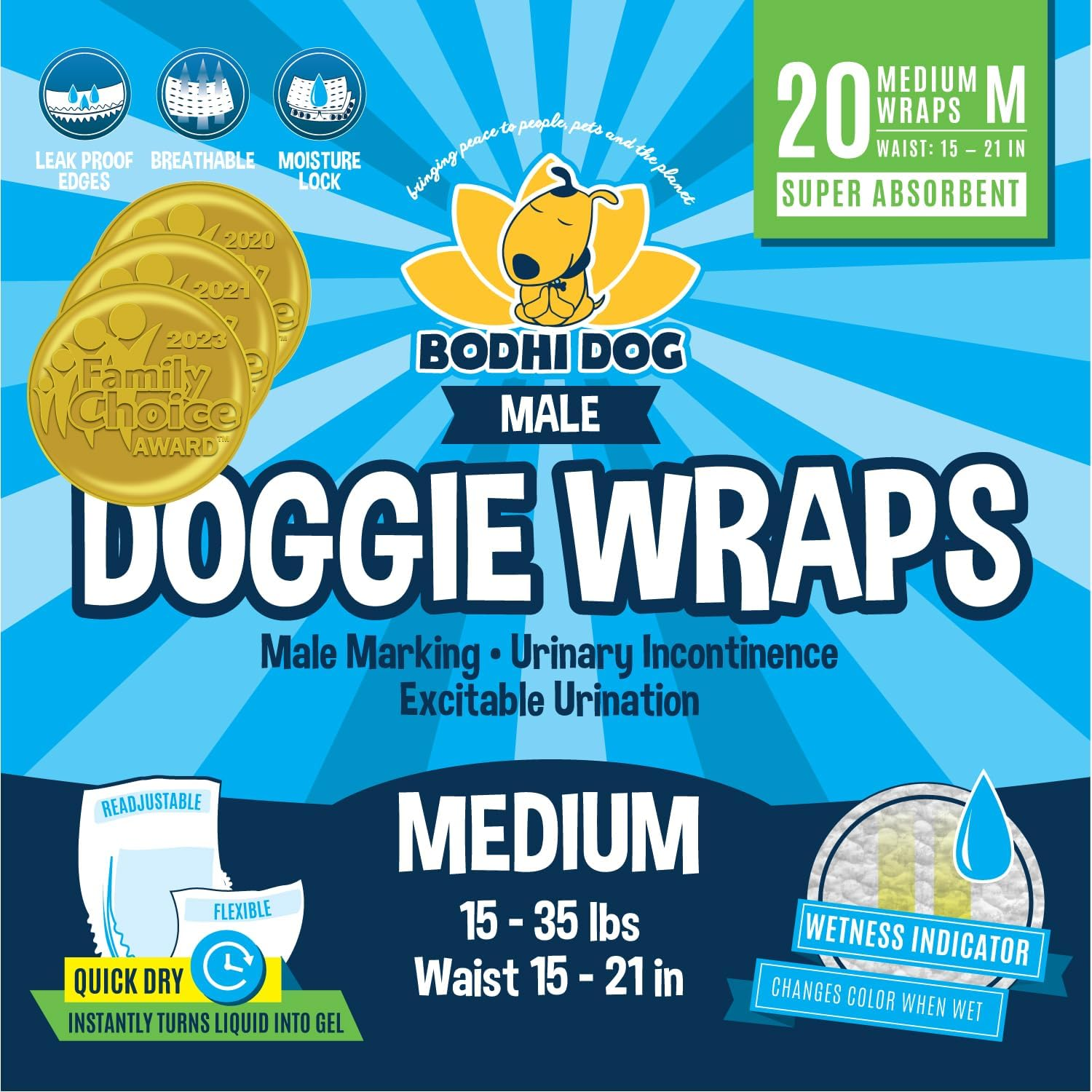 Bodhi Dog Disposable Male Dog Diapers - Super Absorbent, Leak-Proof Pee Wraps - Adjustable Fit, Comfortable Design, Advanced Moisture Control, and Wetness Indicator - Large (20 Count) image number 1
