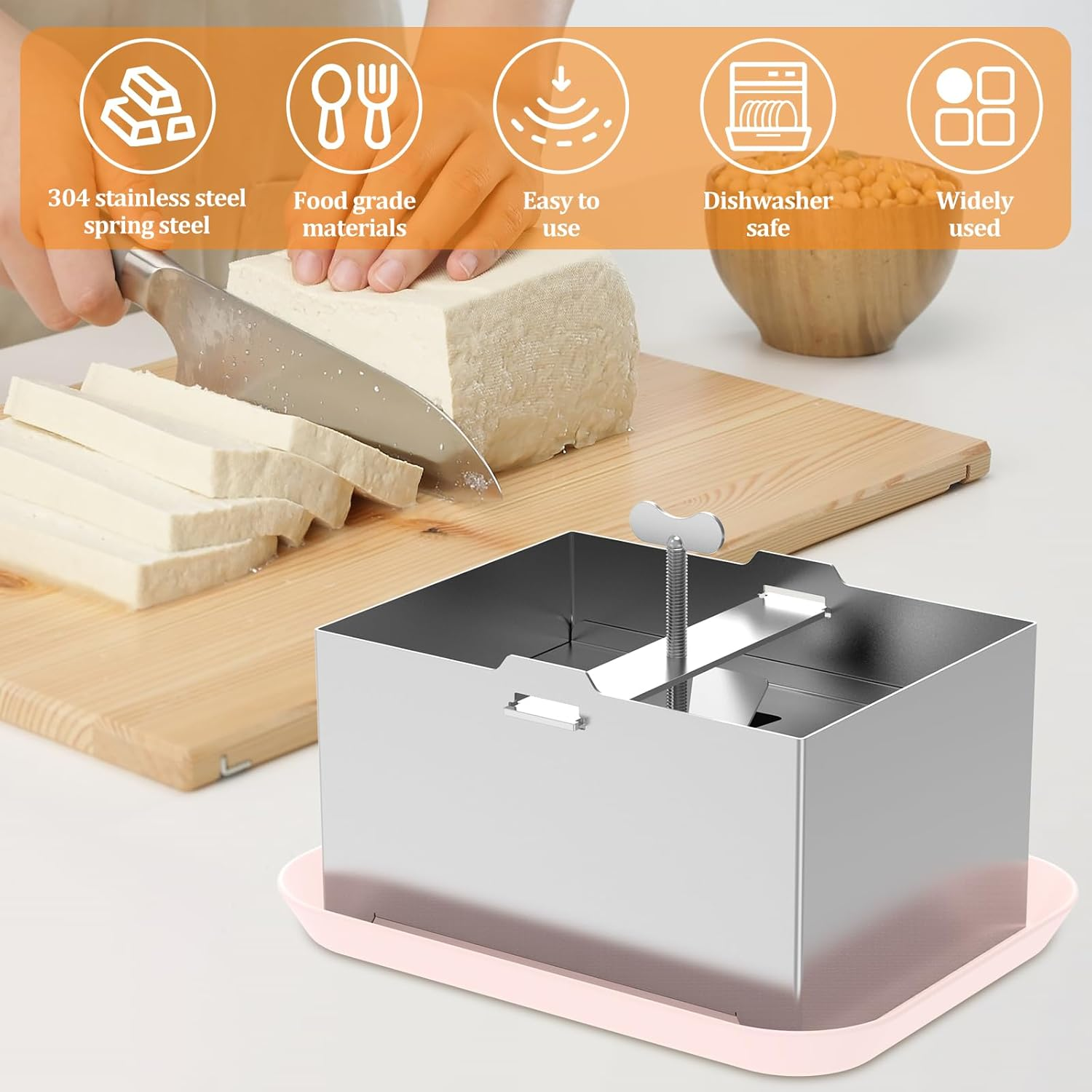 Tofu Press Kit, Food Grade Stainless Steel Tofu Press, Pressure Adjustable Tofu Maker, Detachable Tofu Maker Press Mold Kit with Drip Tray, Tofu Maker Machine for Home Tofu (L) image number 1