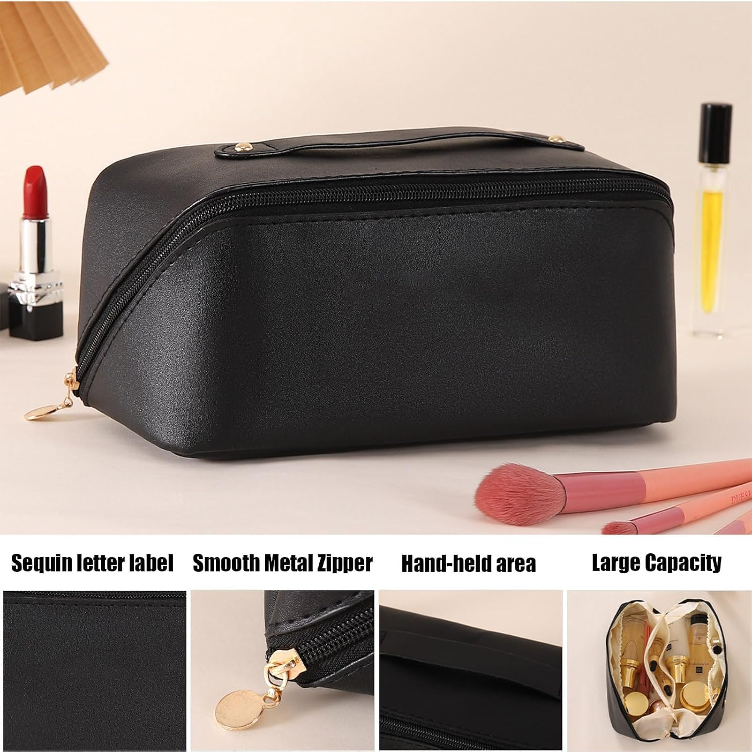 Yxvyxymyxxg​ Large Cosmetic Bag Travel Organizer - Waterproof PU Makeup Case with Multiple Compartments & Handle, Zipper Toiletry Bag for Women, Girls
