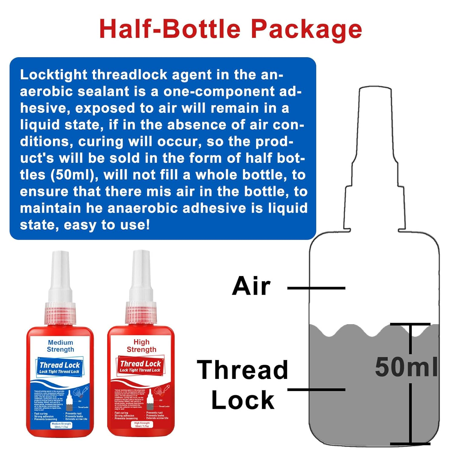 Thread Lock High Strength+Medium Strength, 100Ml Locktight Threadlock Prevent Nuts, Bolts, Fasteners and Screws from Loosening Due to Prolonged Vibration, Thus Locking and Sealing Metal Nuts and Bolts image number 4