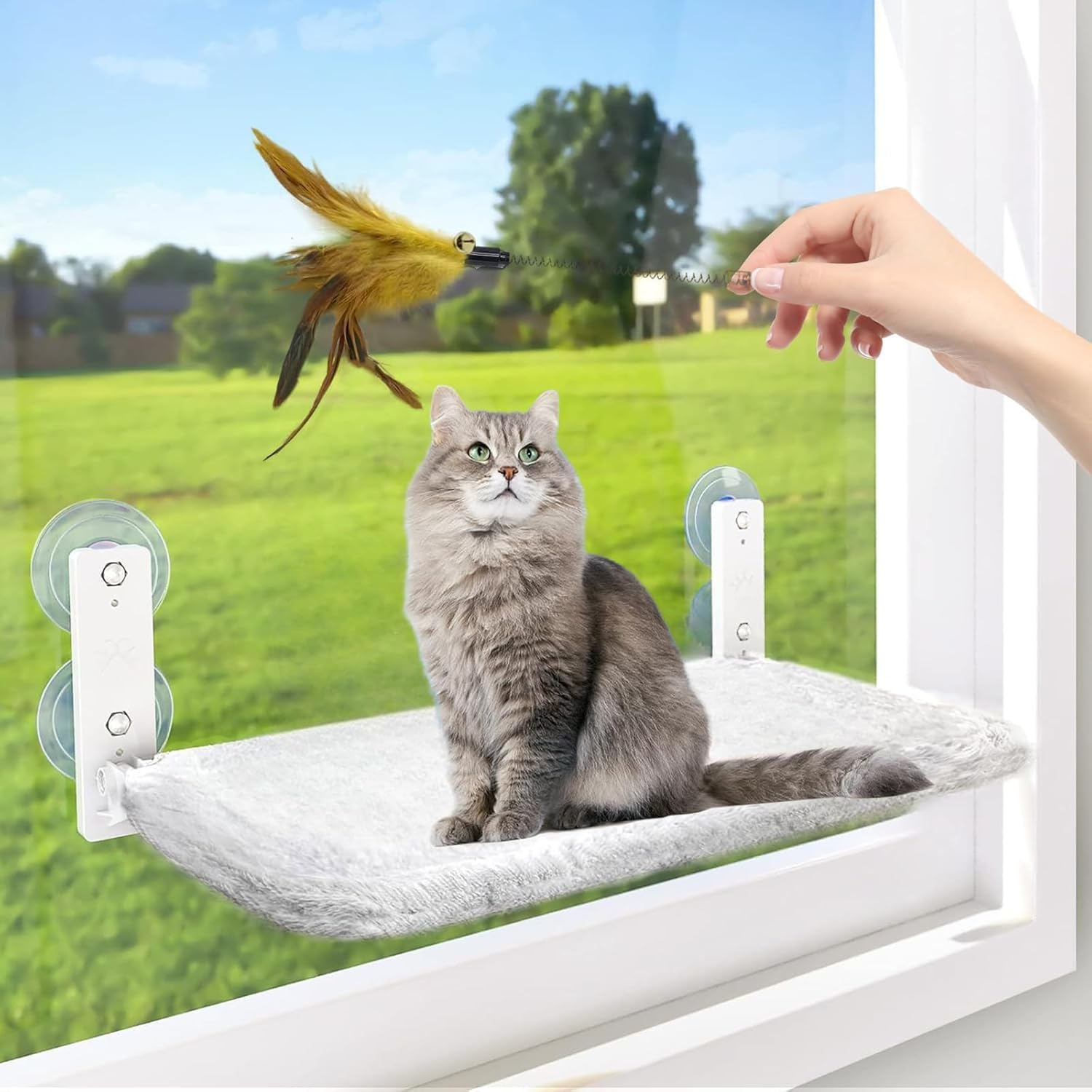 Foldable Cat Window Bed, Soft Cat Window Perch with Strong Suction Cups, 52X30Cm Cat Windowsill Seat with Replaceable Soft Cushion, Sturdy Holds up to 20Kg (Grey & Plush Fabric) image number 6