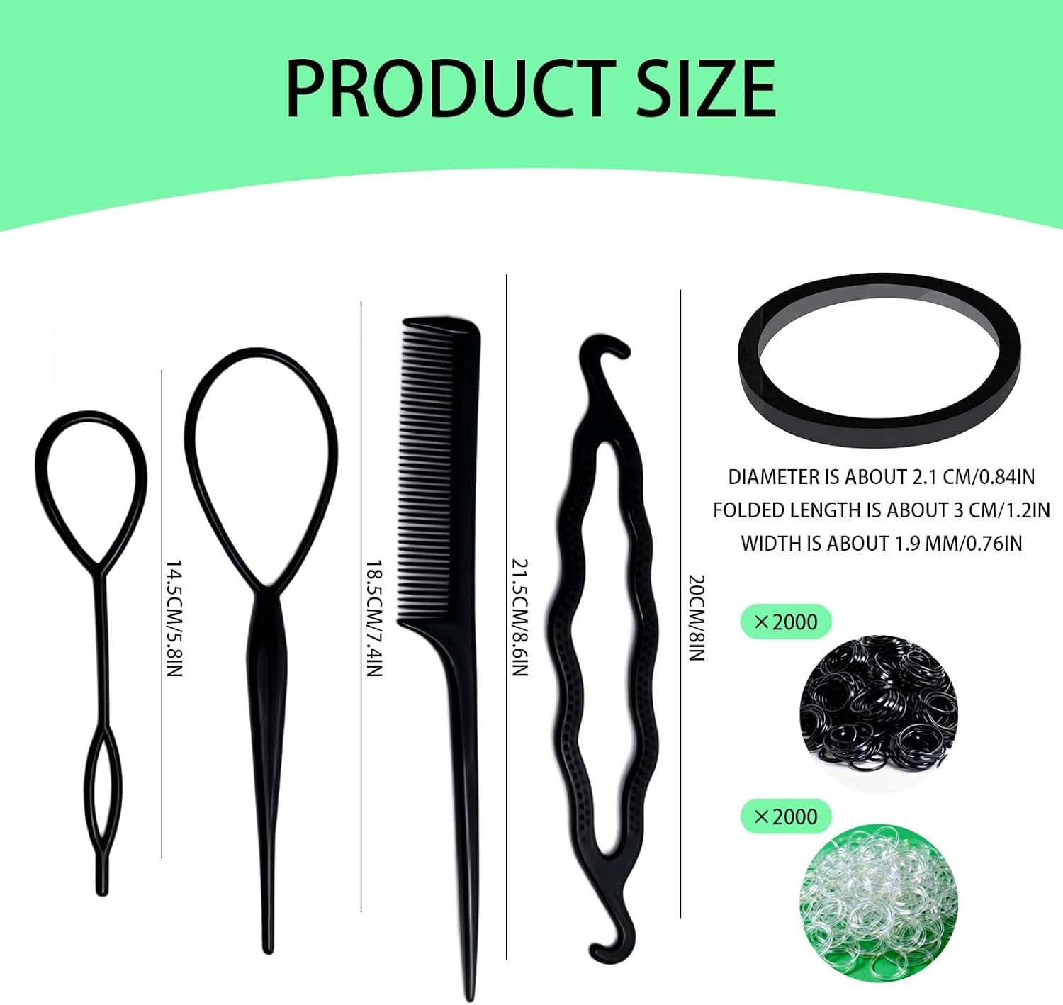 4000-Piece Hair Elastics Set: Hair Ties + 4 Bonus Hair Styling Tools, No Metal Elastic Bands Packaging (Black & Clear). image number 5