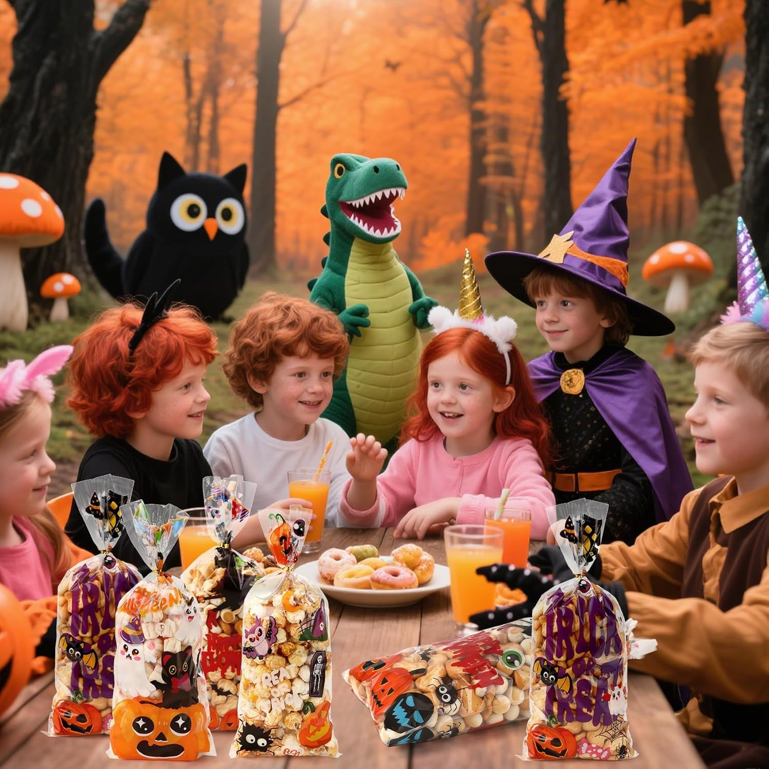 Halloween Candy Treat Bags,100Pcs Five Styles Clear Cellophane Goodies Bags with 100PCS Twist Ties,Transparent Party Gift Supplies for Trick or Treat Snacks Cookies Popcorn Candy,For Halloween Party - 5-In-1 image number 4