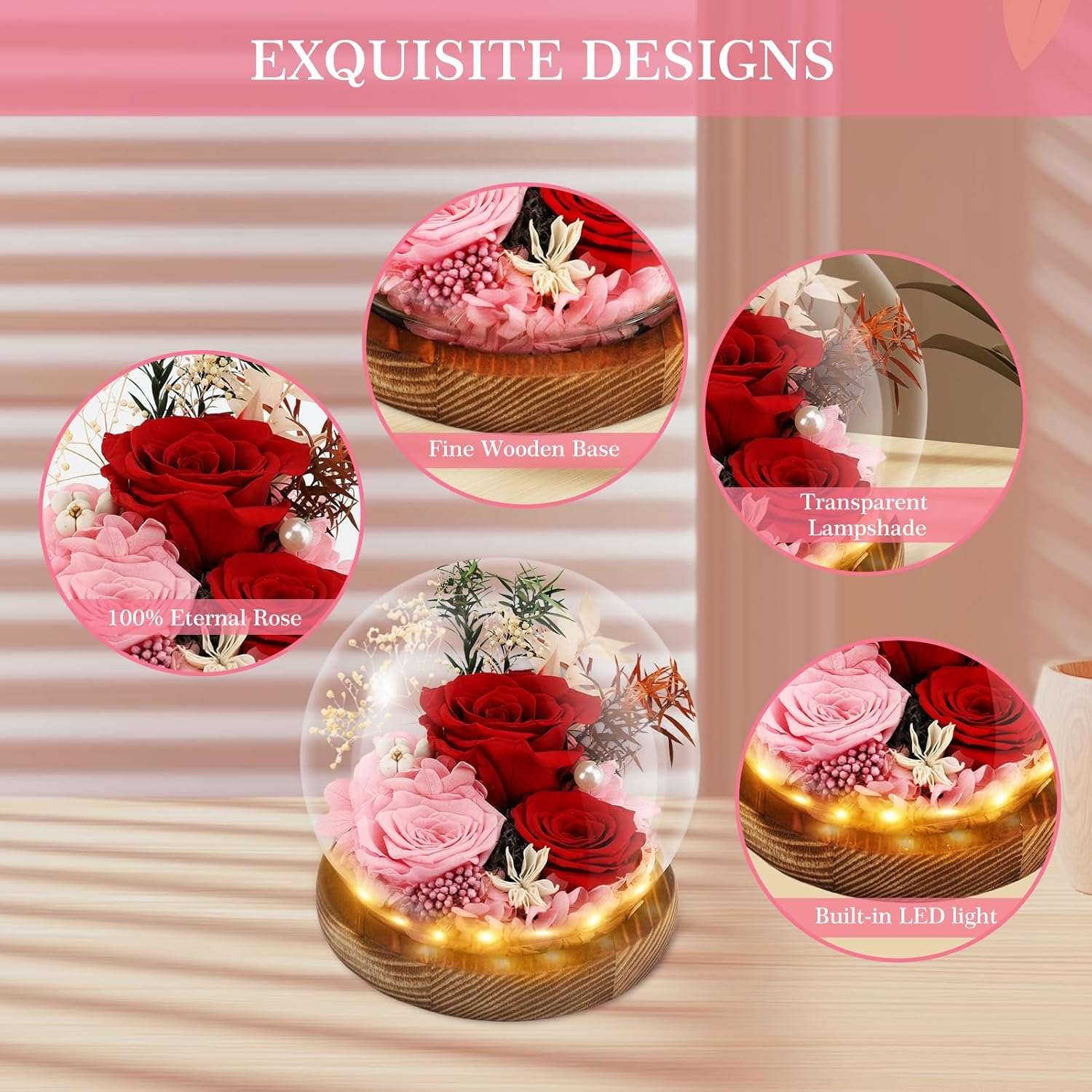 Rose in Glass Dome, Long-Lasting Real Flowers, with LED Light, Unique for Mother'S Day & Christmas & Valentine'S Day, Preserved Flowers Rose Gifts for Wife Girlfriend Mom (Red) image number 6