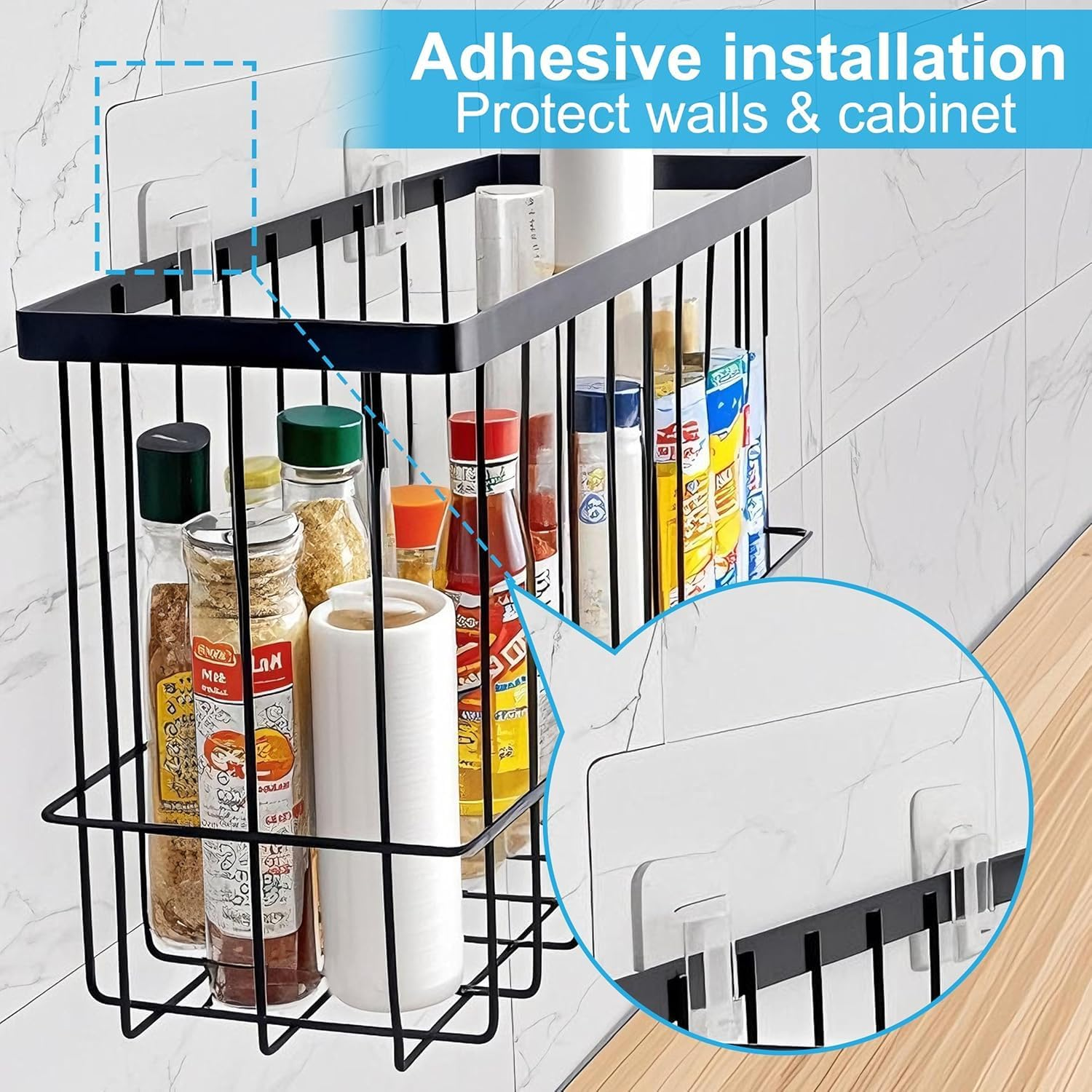 2 Packs Kitchen Cabinet Door Storage Box, Refrigerator Side Organizer, Self-Adhesive Storage Box, Wall Mounted Metal Storage Baskets, Bathroom/Cabinet/Kitchen Items Organiser Storage Box image number 2