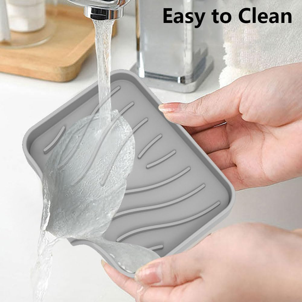 Vekol Soap Dishes with Drain Spout, 2PCS Silicone Soap Holder Waterfall Drainer Soap Saver, Sponge Holder, Dish Soap Tray for Shower, Bathroom, Kitchen, Bath Tub, Razor (Grey + Grey) image number 1