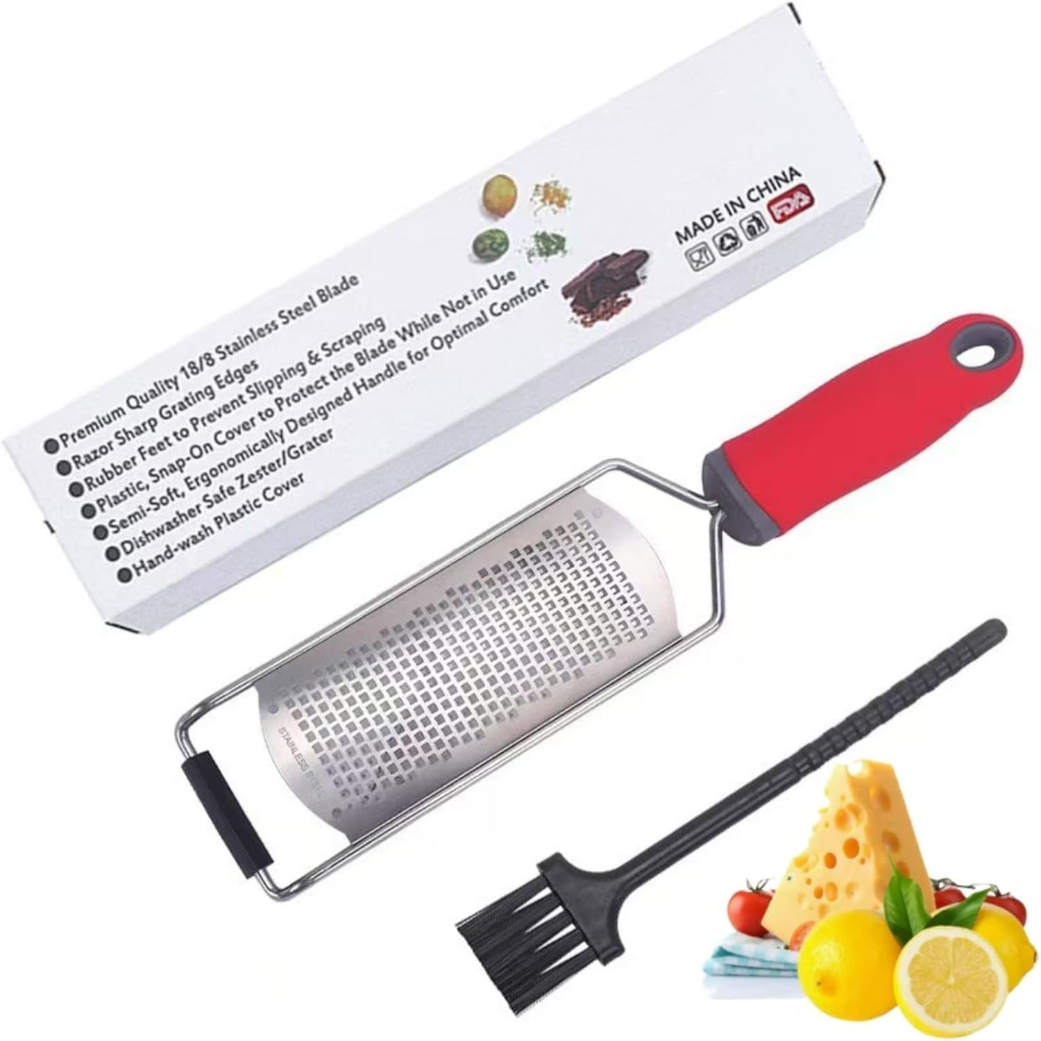 Stainless Steel Lemon & Cheese Grater - Professional Grater for Fruits, Vegetables & Chocolate - Includes Protective Sleeve & Cleaning Brush - Black