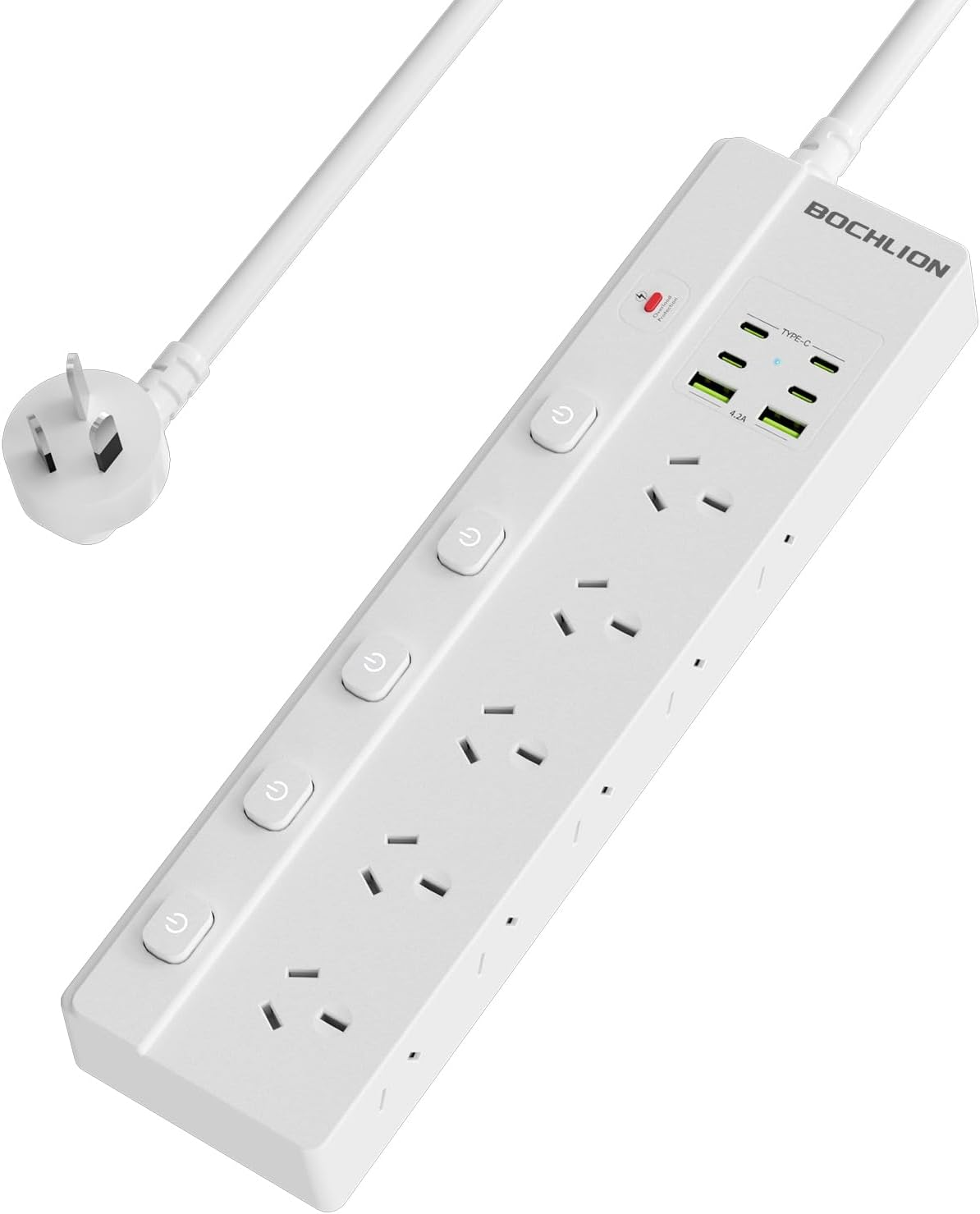 BOCHLION Power Strip with Independent Switch, Equipped with 10AC Power Sockets and 2 USB-A and 4 USB-C, 1.8M Extension Cable, Overload Protection for Home, Office, School, and Dormitory. (White)