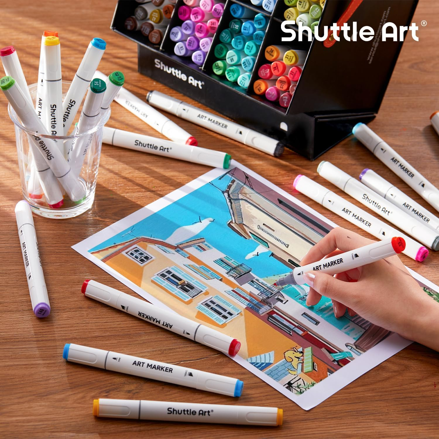 Shuttle Art Dual Tip Alcohol Based Art Markers,120 Colors plus 1 Blender Permanent Marker 1 Marker Pad with Case Perfect for Kids Adult Coloring Books Sketching Card Making image number 4