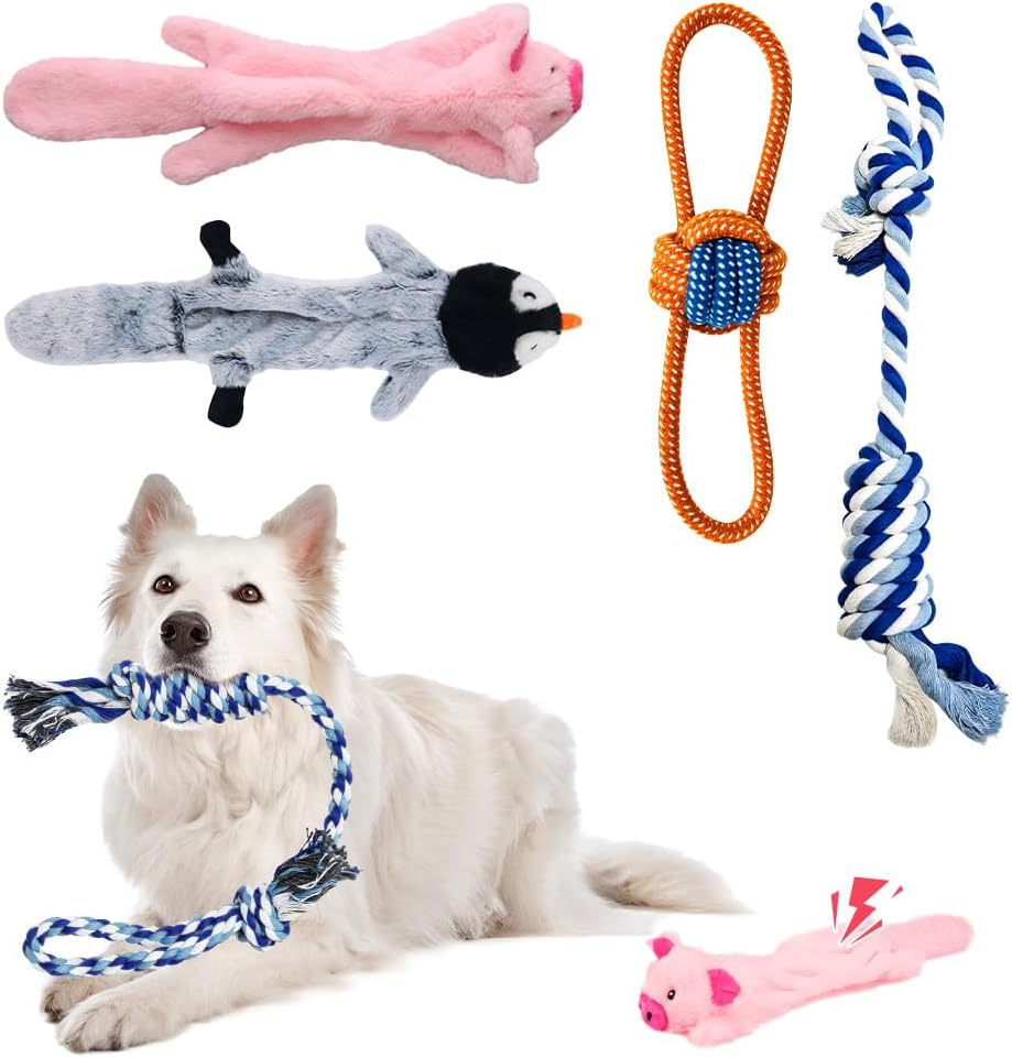 Interactive Squeaky Puppy Toys, Dog Chew Toys for Teething with Durable Rope Toys,4 Pcs Dog Chew Toys Plush Cute Animals Natural Puppy Toys image number 1