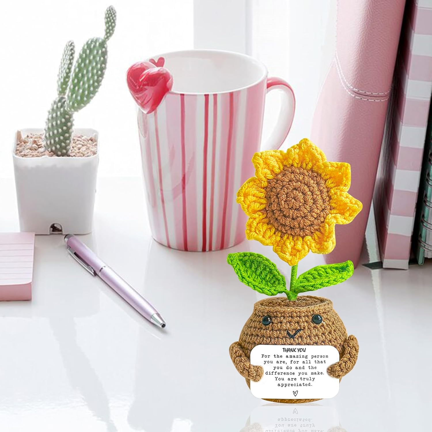 Gifts for Teacher, Positive Handmade Crochet Sunflower, Thank You Gifts for Teacher with Warming Card Appreciation Women Men Friends Graduation Gift (Style 1) image number 1