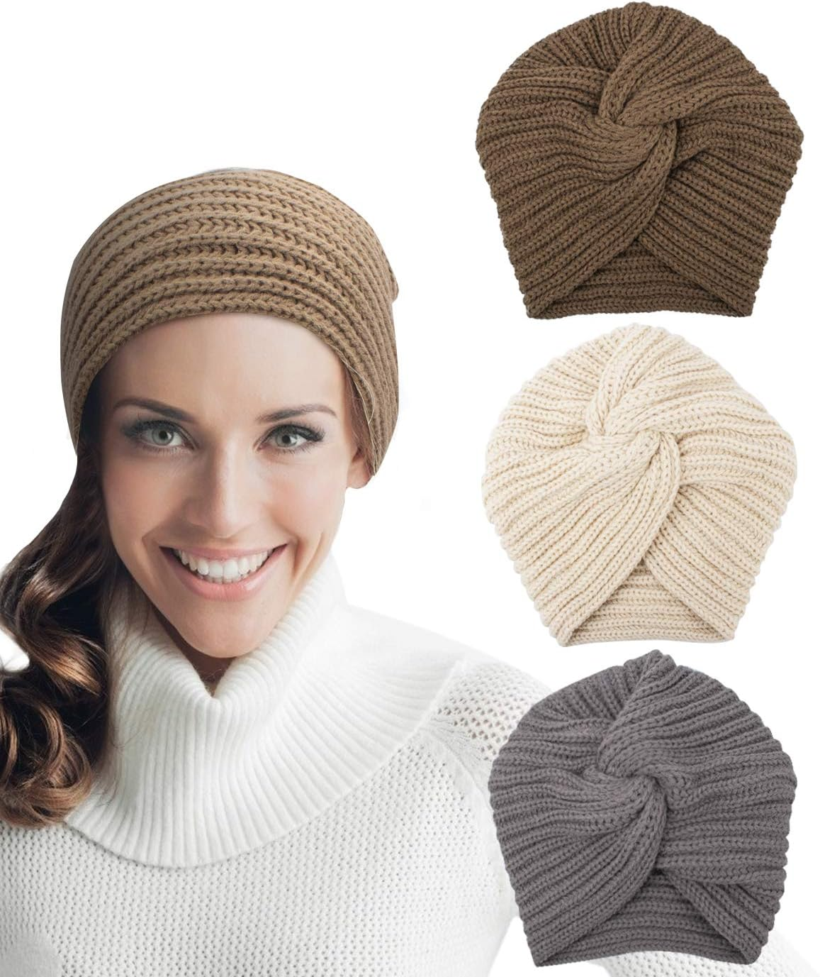3Pcs Womens Winter Hats, Beanie Hat for Women, Knit Hat Slouchy Beanies Wool Hat, Warm Turban Hat Thick Chemo Caps for Cancer Patient, White Gray Brown, Buff, Grey, Coffee, One Size image number 1