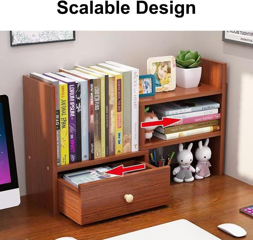 Hbluefat Desktop Organizer Rack with Drawer, Small Adjustable Wood Tabletop Bookshelf/Bookcase, Multipurpose Desk Display Storage Shelf for Home Office (White) image number 1