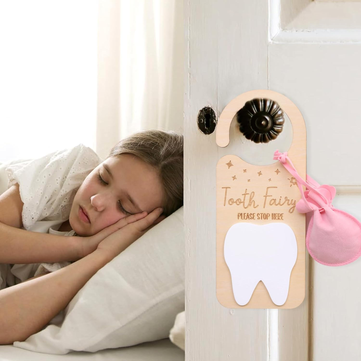 Tooth Fairy Door Hanger - Door Wooden Hanger Decoration , Tooth Fairy Money Holder , Personalized Tooth Holder Bag , with Money Holder Tooth Fairy Pick up Box (Door Hanger Pink) image number 6