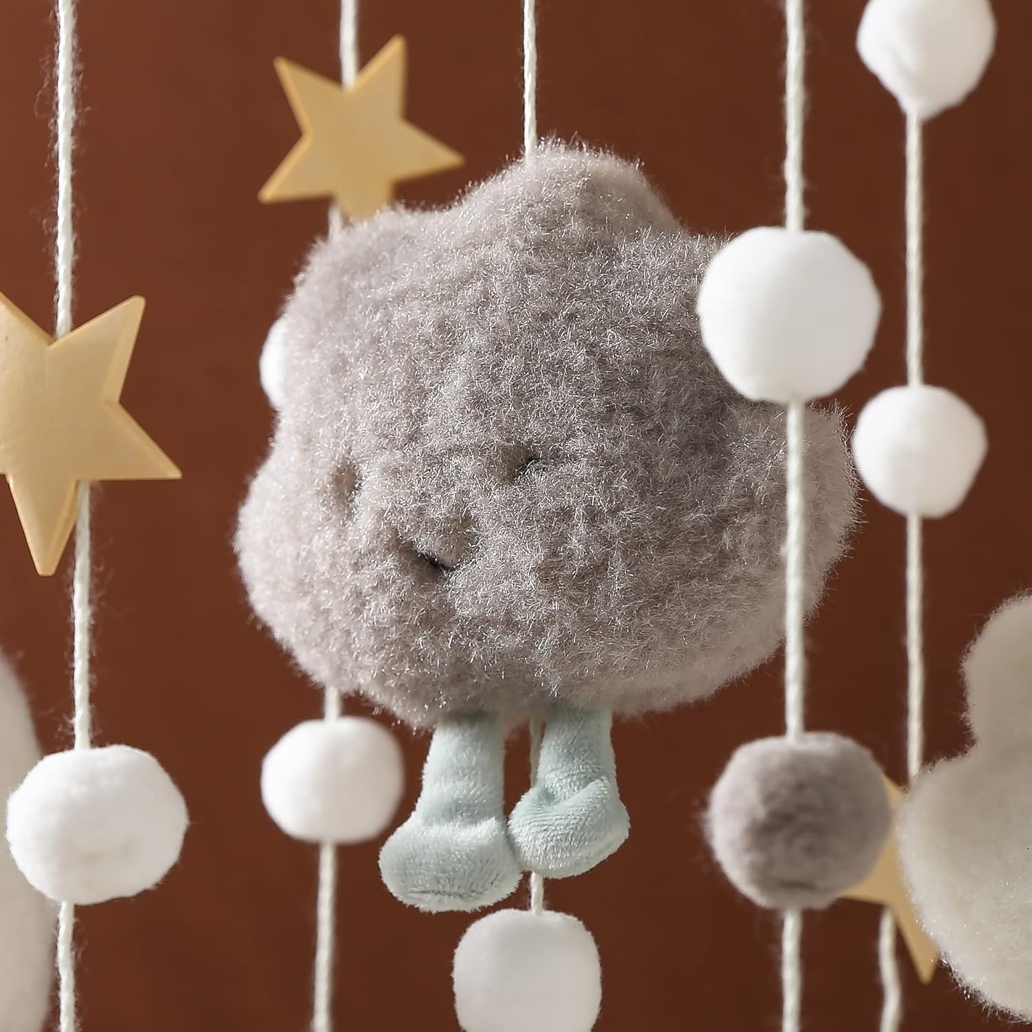 Promise Babe Wooden Crochet Mobile with Felt Balls Clouds Stars for Baby Room Decoration - Grey - Blue Clouds image number 2