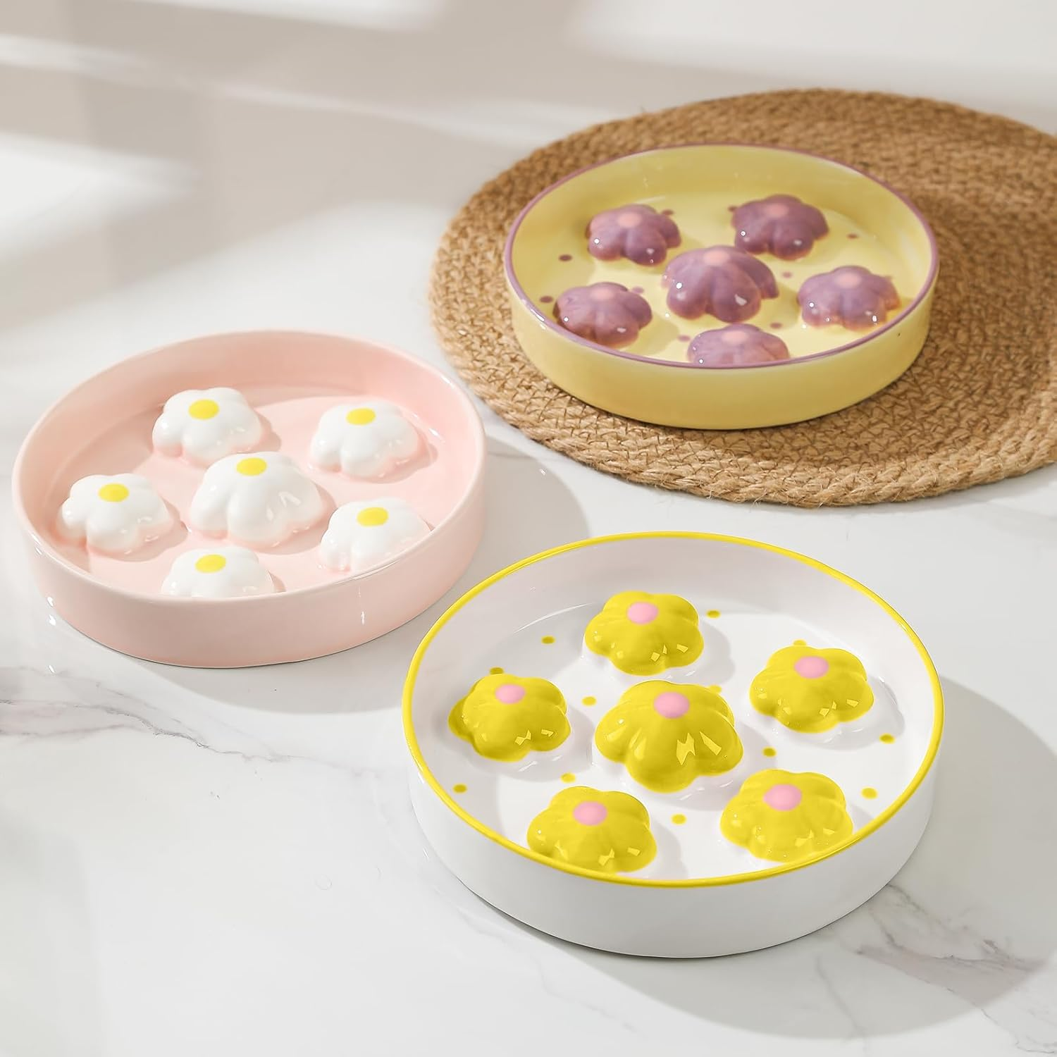 Ceramic Slow Feeder Bowl for Cats - Healthy Eating Colorful Design - Cute Food Plate Puzzle Feeder Dish - Dishwasher Safe - 6.3" W X 1.2" H - 6 OZ - Yellow Flowers - Pink image number 7
