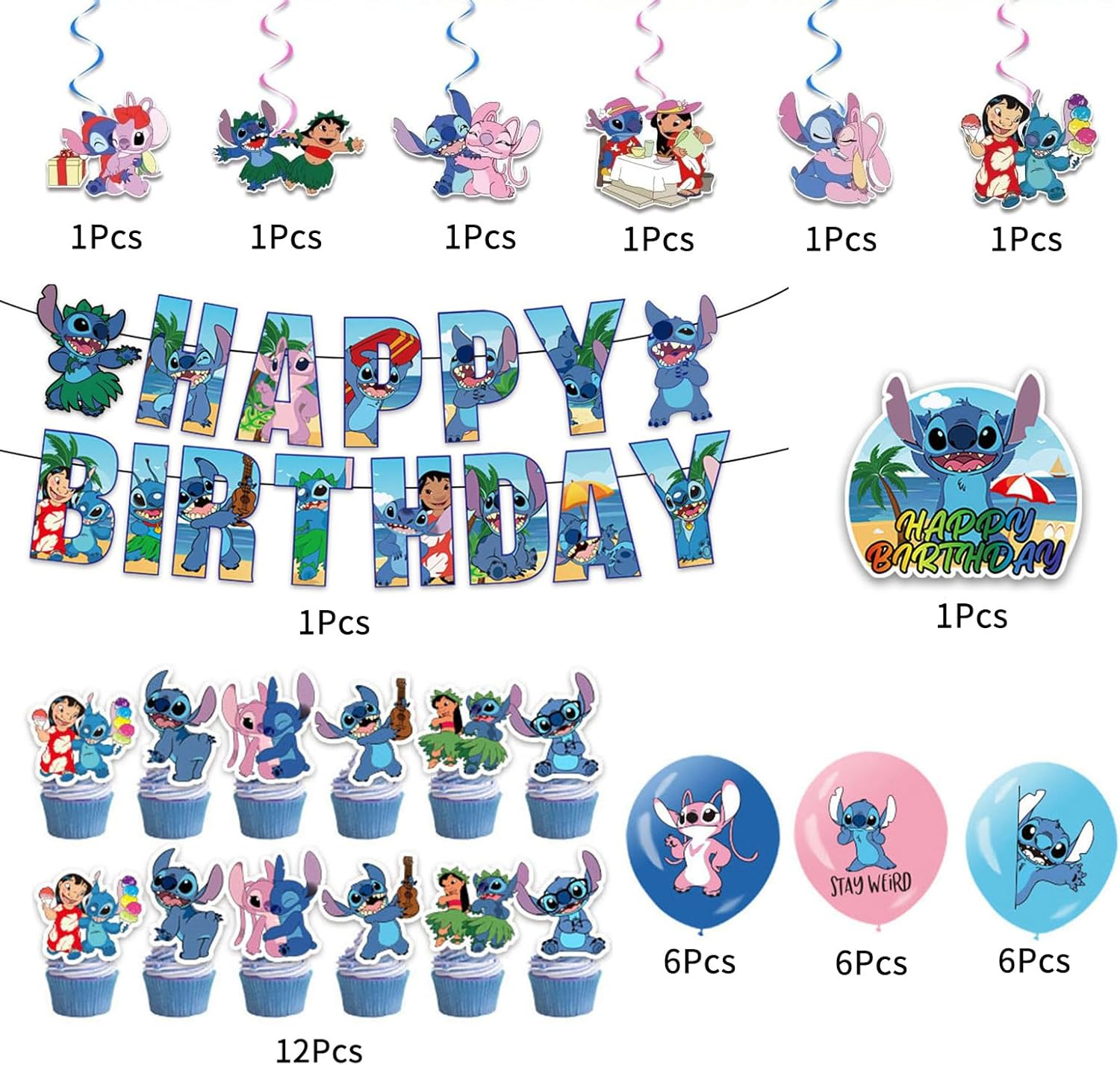 39 Pcs Cute Birthday Party Decorations, Party Supplies Include Happy Birthday Banner, Balloons, Cake Toppers, Hanging Swirls, Cartoon Party Celebrate Supplies image number 6