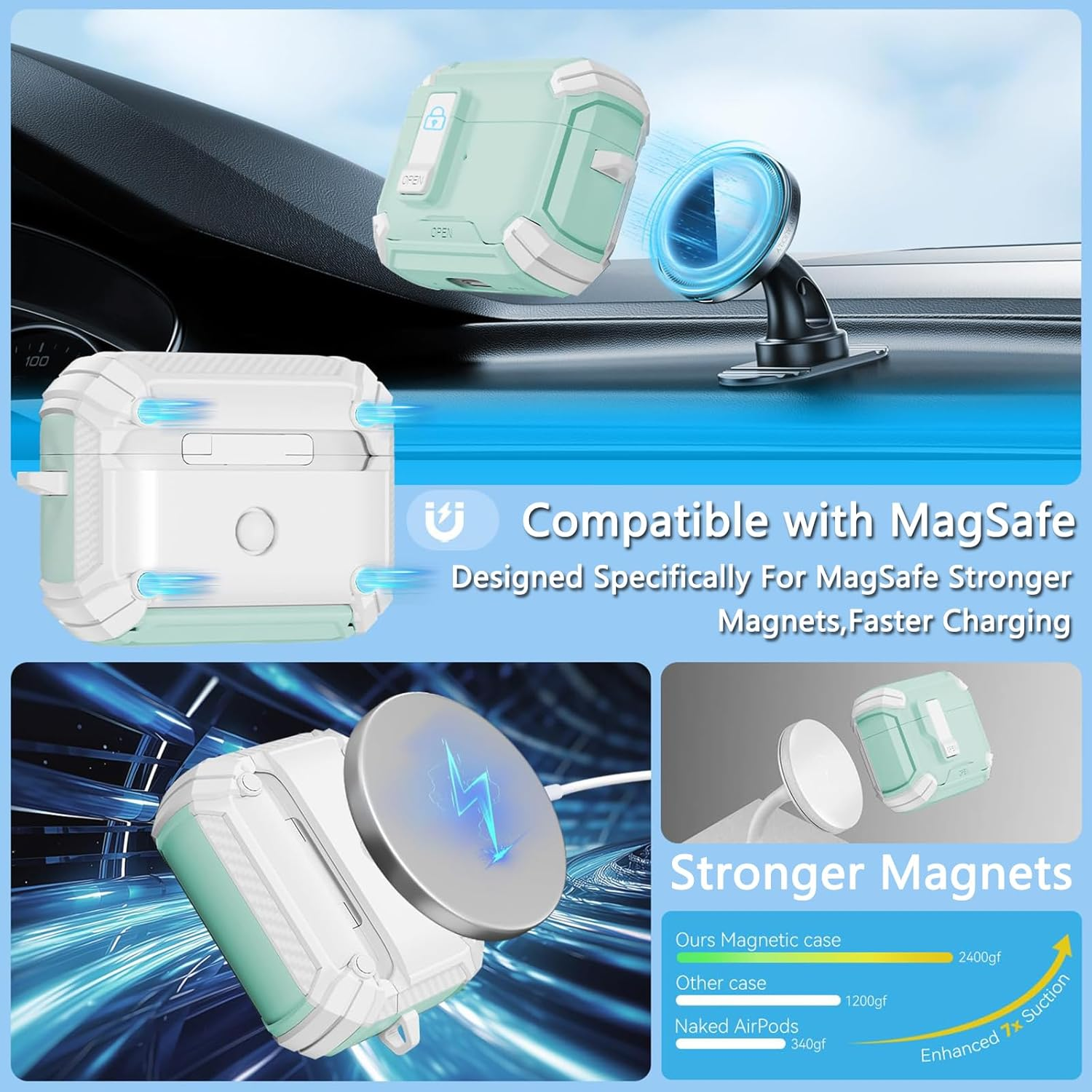 Komiyaa for Airpods Pro 3 Case (2025) with Phone Stand, [Compatible with Magsafe Wireless Charging, Magnetic Automatic Lock Cover with Keychain for Airpods Pro 3Rd Generation (Green) - Black/White image number 4