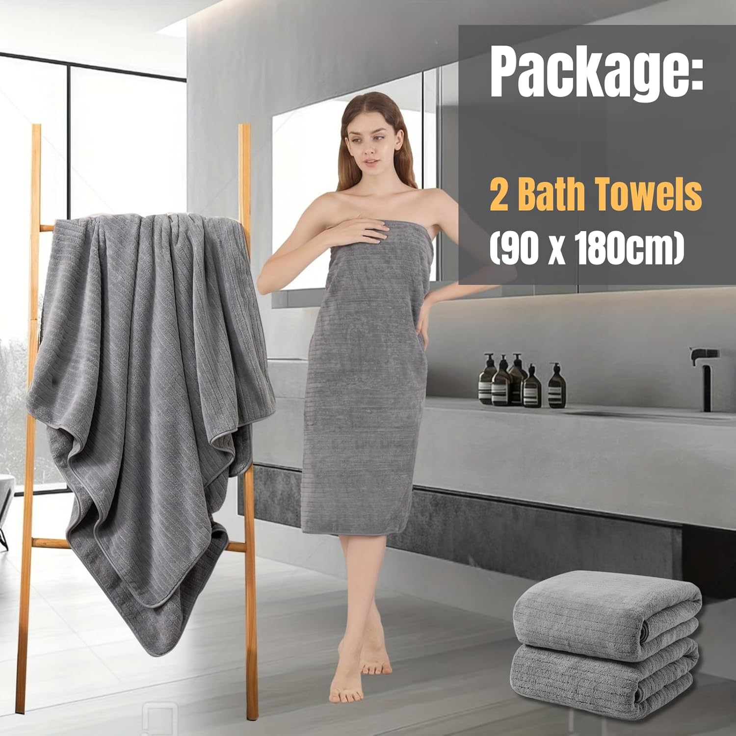 2 Pack Extra Large Bath Towels 90 X 180 Cm, JOMWEN Oversize Towel Microfiber Bath Sheet, Super Absorbent Bathroom Towel Set, Quick Dry Shower Towels for Home, Hotel, Dorm, Spa, Shower, Gym image number 3