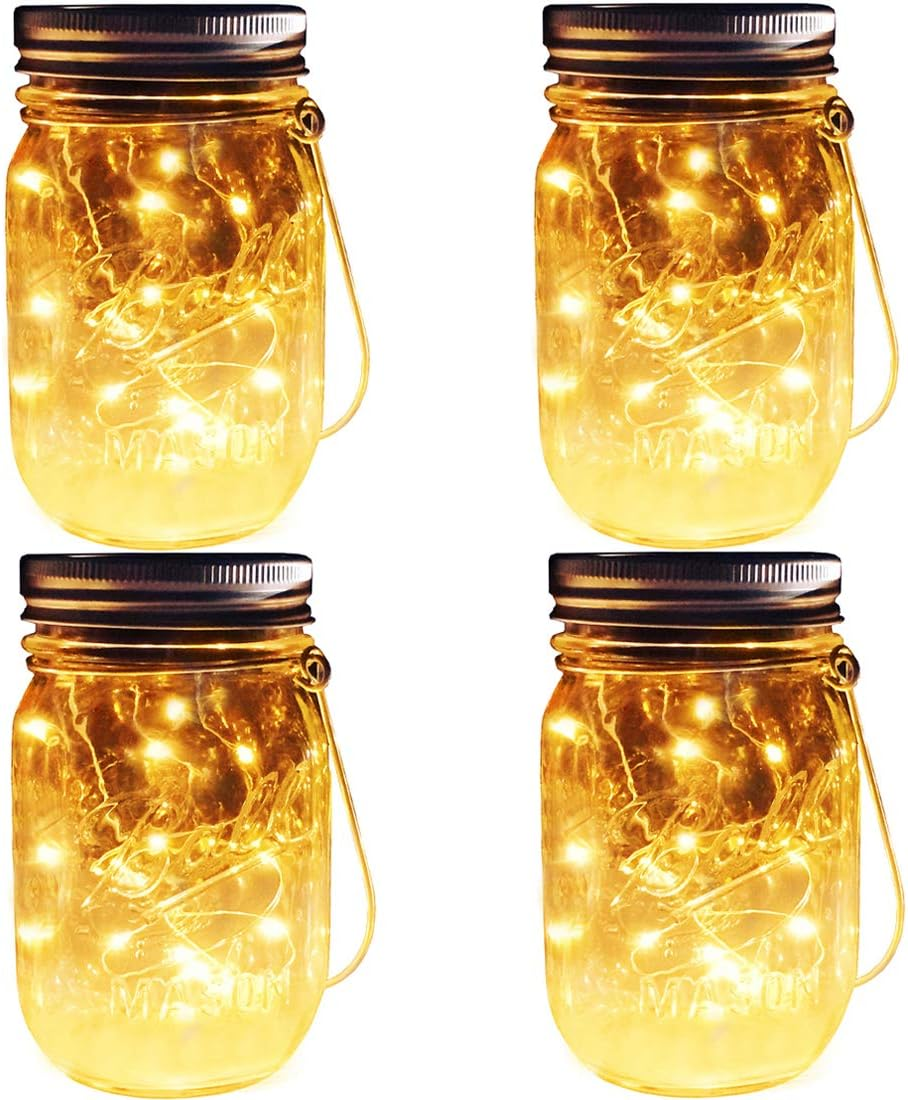Solar Mason Jar Lights, 4 Pack 30 Leds Waterproof Fairy Firefly String Lights Build-In Glass Mason Jar, Best Patio Garden Decor Solar Hanging Lanterns Outdoor Warm White (4 Pack-Mason Jars Included)