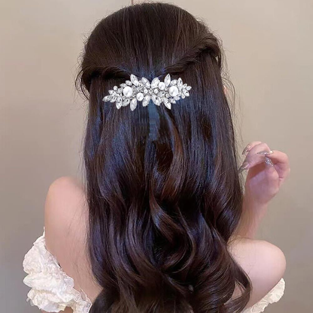 2Pcs Rhinestone Hair Clips, Betterjonny Crystal Pearl Hair Barrettes Flower Sparkle Hairpins French Wedding Prom Hair Clip Barrettes for Women Girls Bridal image number 3