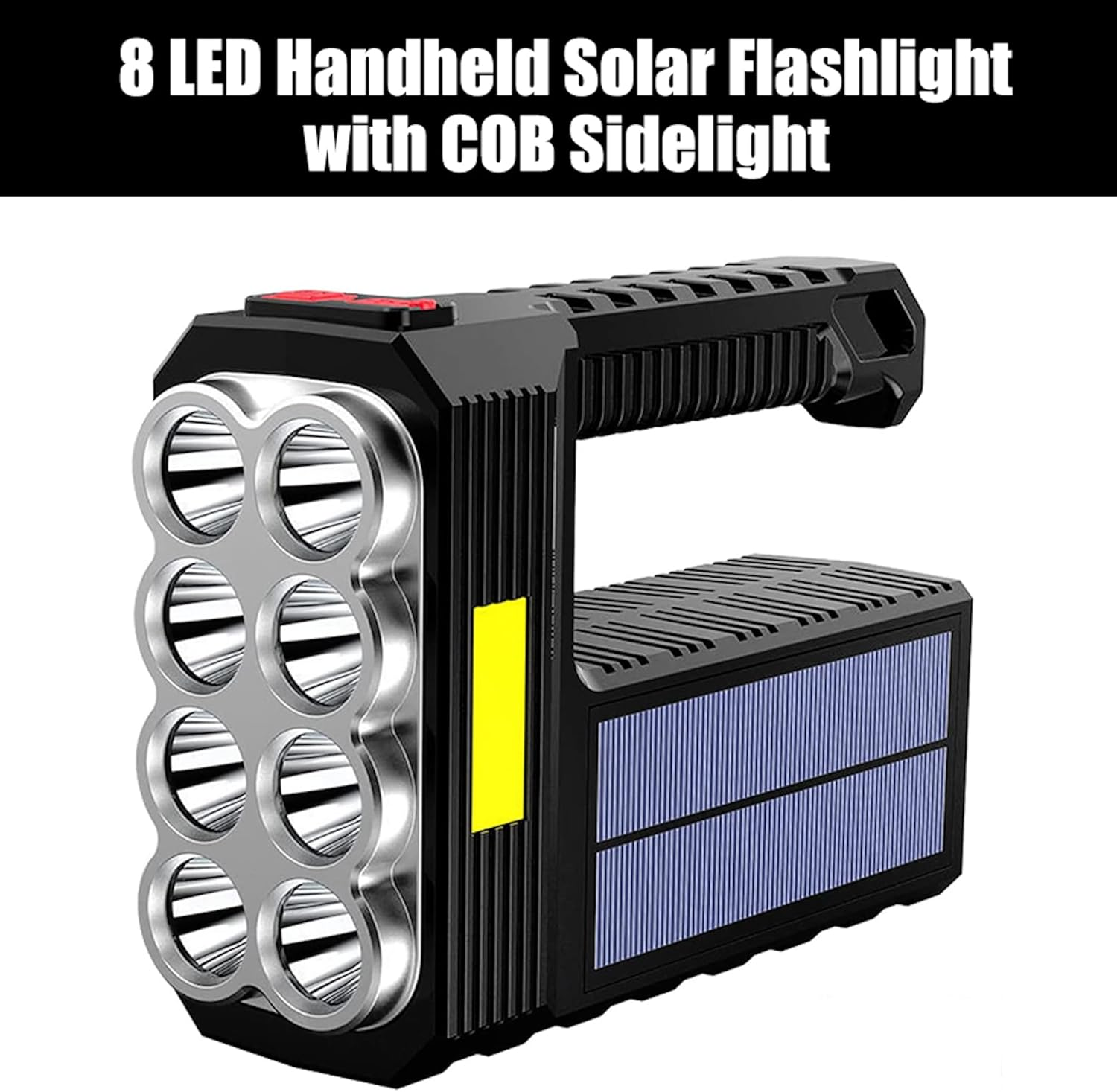 Mega Power 8 LED Solar Handheld Torch - Super Bright Rechargeable Portable Flashlight - Powerful Work Equipment - Bright Light for Camping Home Work Use Emergency Lamp - Indoor or Outdoor Spotlight