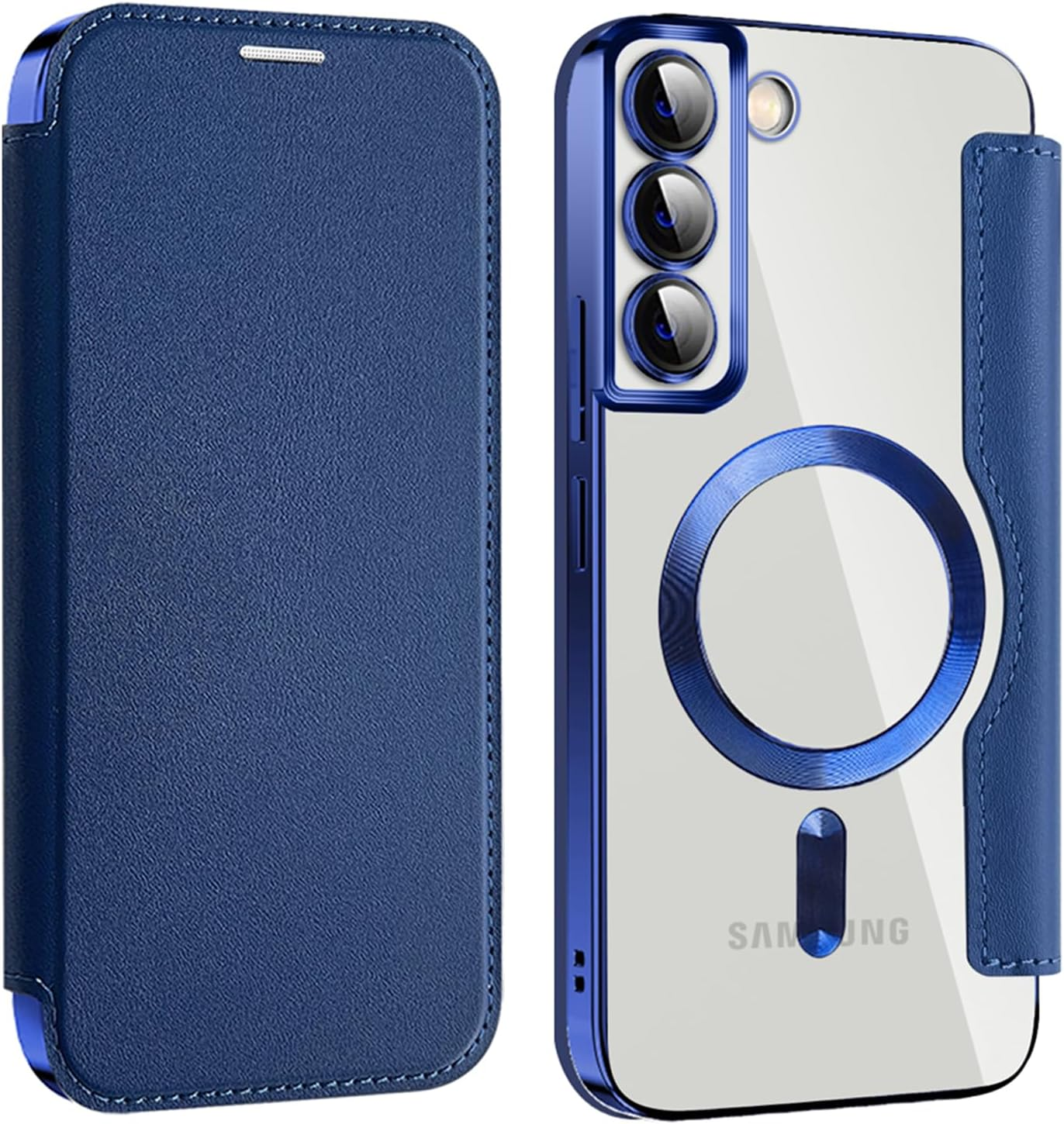 IMEIKONST Magnetic Case for Samsung Galaxy S23 plus Compatible with Magsafe, Premium PU Leather Flip Card Holder, Clear Shockproof Protective Mobile Phone Case for Samsung S23 Plus. Dark Blue JDCX image number 1