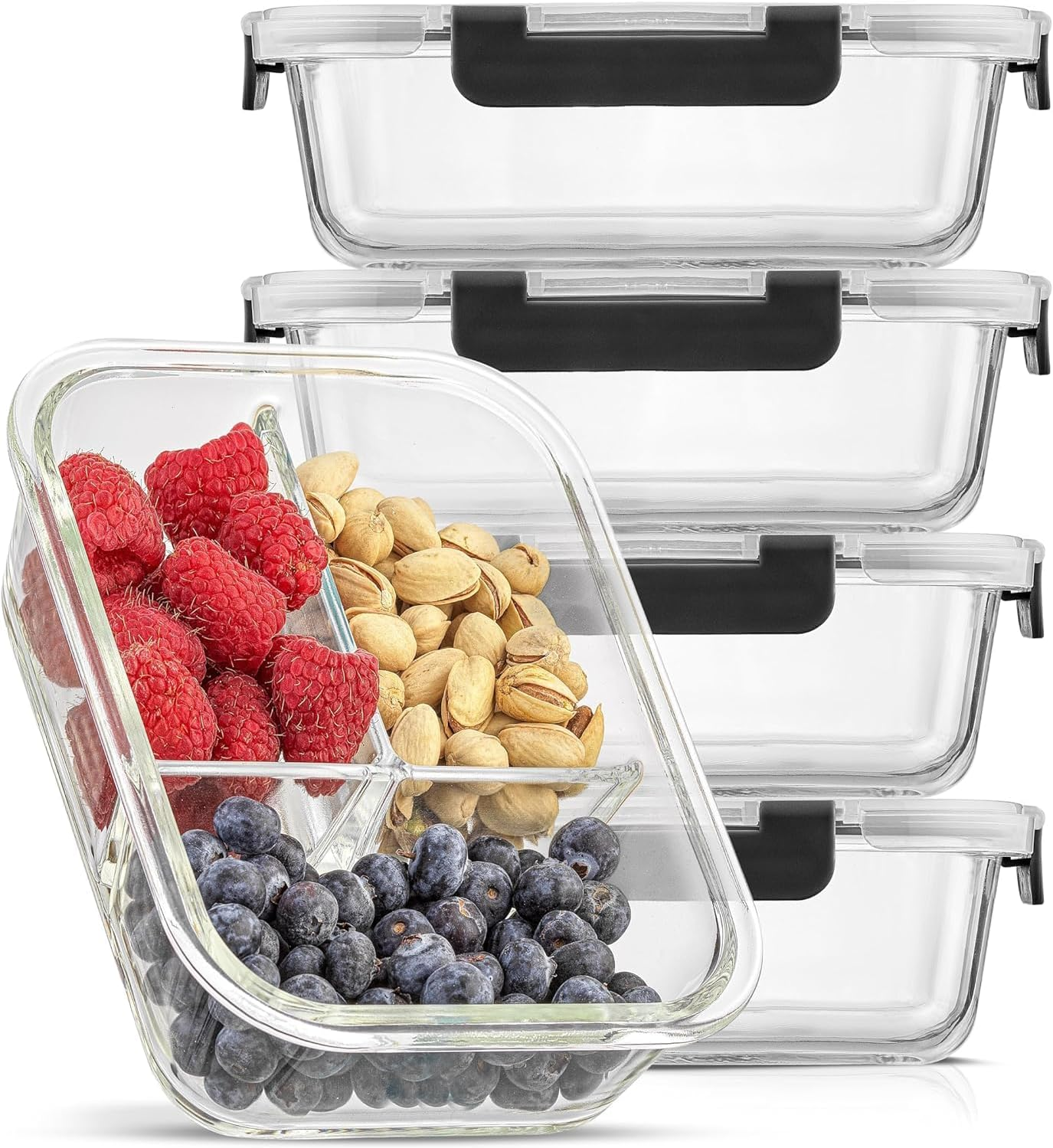 5-Pack 36OZ Glass Airtight Food Storage Containers 3 Compartments,Glass Meal Prep Container Set with Lids for Pantry Kitchen Organizers and Storage, BPA Free Glass Lunch Boxes Bento image number 5