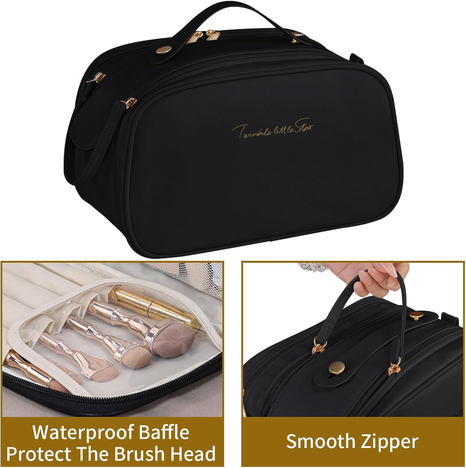 Ogetok Leather Makeup Bag for Women, Portable Travel Cosmetic Bags Zipper Make up Pouch for Ladies Woman, Large Toiletry Organizer Bag for Toiletries Cosmetics Accessories, Black image number 2