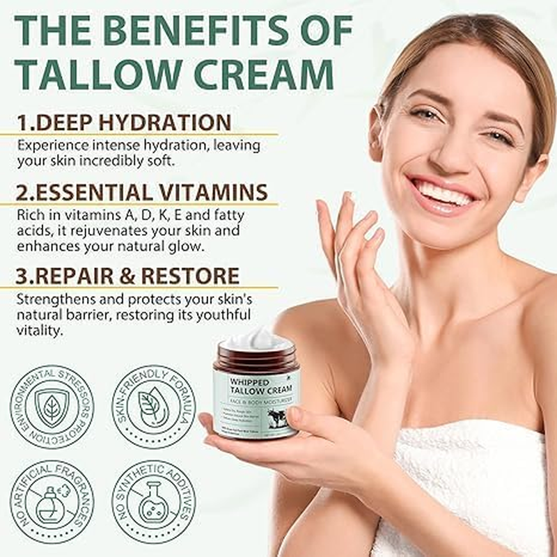 Sm-Whipped Tallow Cream for Face & Body - 100% Grass Fed Pure Tallow & Natural Honey & Beeswax Balm - Deep Hydration & Nourishment & Skin Moisturizer - Oil Free & Unscented, Fast Absorption - 120G / 4.2Oz