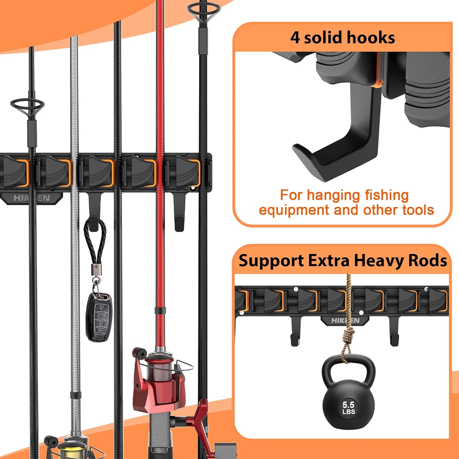 Hikeen Fishing Rod Holders, Wall Mounted Fishing Rod Rack, Fishing Pole Holder Holds up to 8 Rods or Combos, Fishing Rod Holders for Garage with 4 Hooks, Orange, 1 Pack image number 3