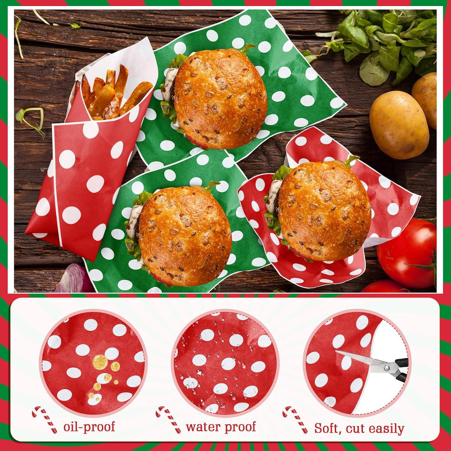 250 Sheets Christmas Wax Paper Sheets for Food Sandwich Wrapping Paper Wax Paper Cookie Food Liners Colored Candy Wax Baking Grease Proof Holiday Wrapping Papers for Christmas image number 1