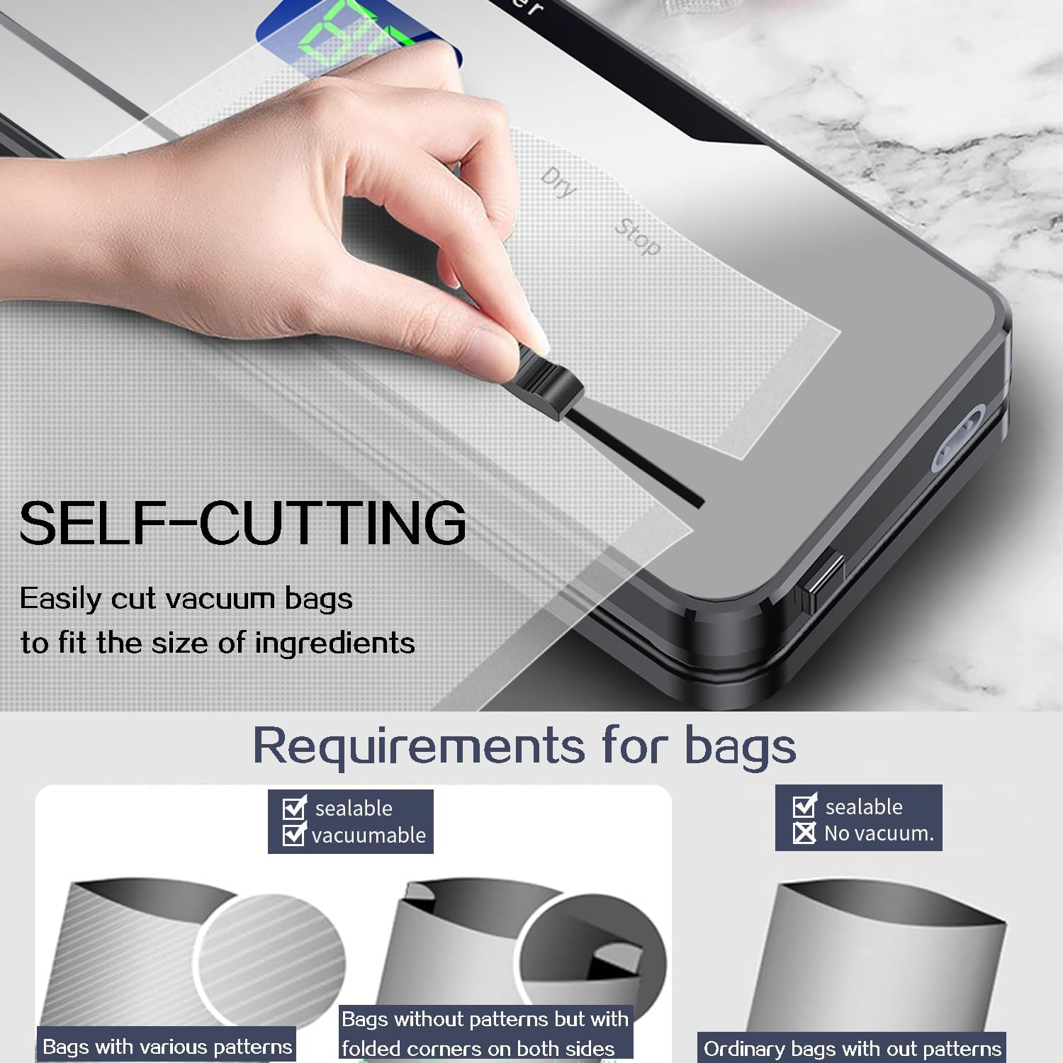 Vacuum Sealer Machine, 6-In-1 Automatic Sealing Food Saver Machine,One Touch Automatic Sealing, Fast-Compact Food Sealer with 10Pcs Airtight Bags & External Vacuum Tube，Built-In Cutter(Grey)