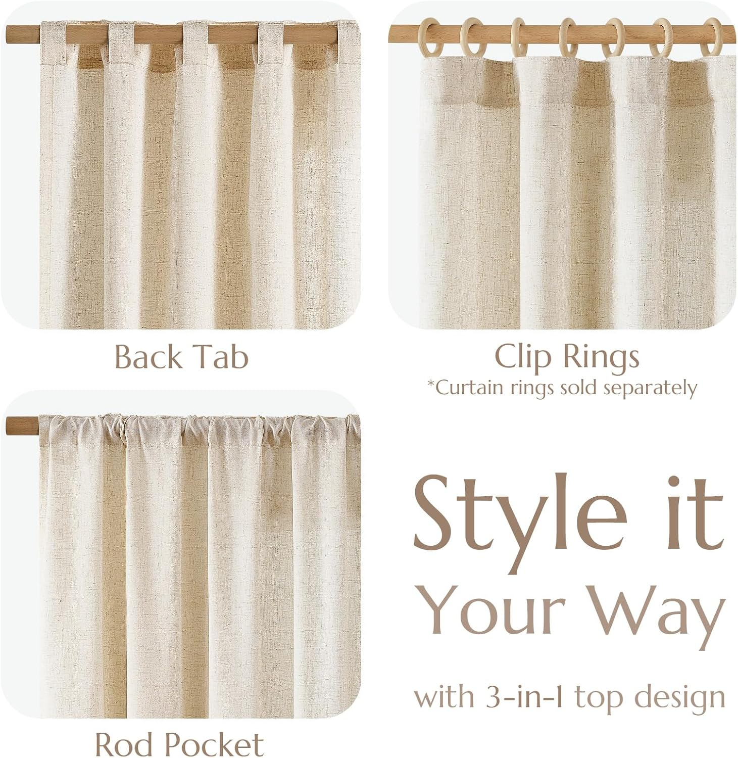 JINCHAN Linen Beige Curtains for Living Room Farmhouse Rod Pocket Back Tab Light Filtering Window Drapes for Bedroom Curtains Crude 2 Panels,Each W127Cm X D244Cm image number 5