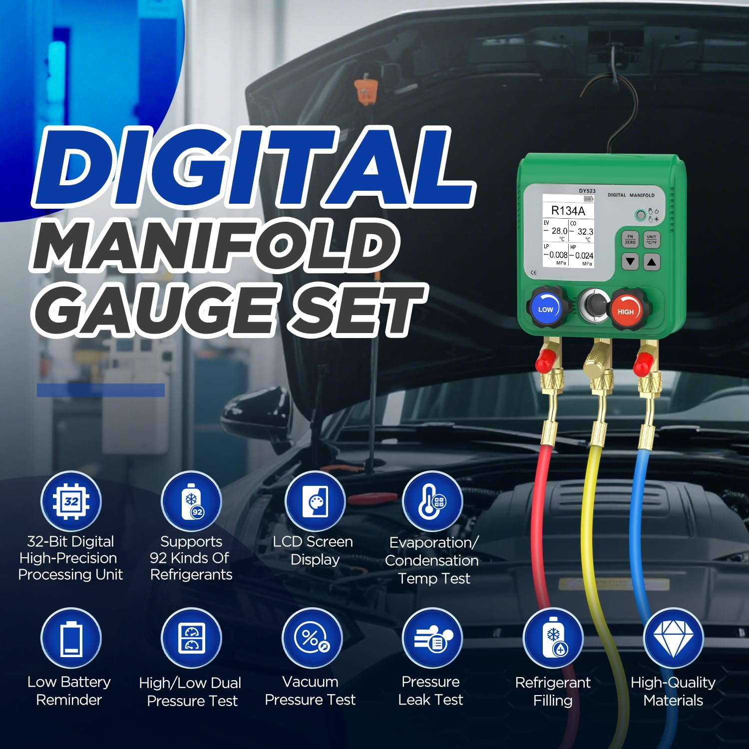HVAC Digital Manifold Gauge Set 92 Refrigerants AC Gauge Set with Dual Pressure Test Digital Manifold Gauges with LCD Display for R134A/R22/R410A, HVAC Gauges with Refrigerant Hoses,Suitcase image number 1
