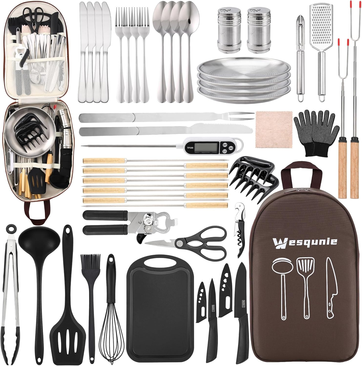 Camping Essentials Cookware Cooking Utensils Set - Camping Kitchen Utensils, Portable Outdoor Accessories, Stainless Steel & Silicone, Camping Gear Equipment for RV Picnic Grill