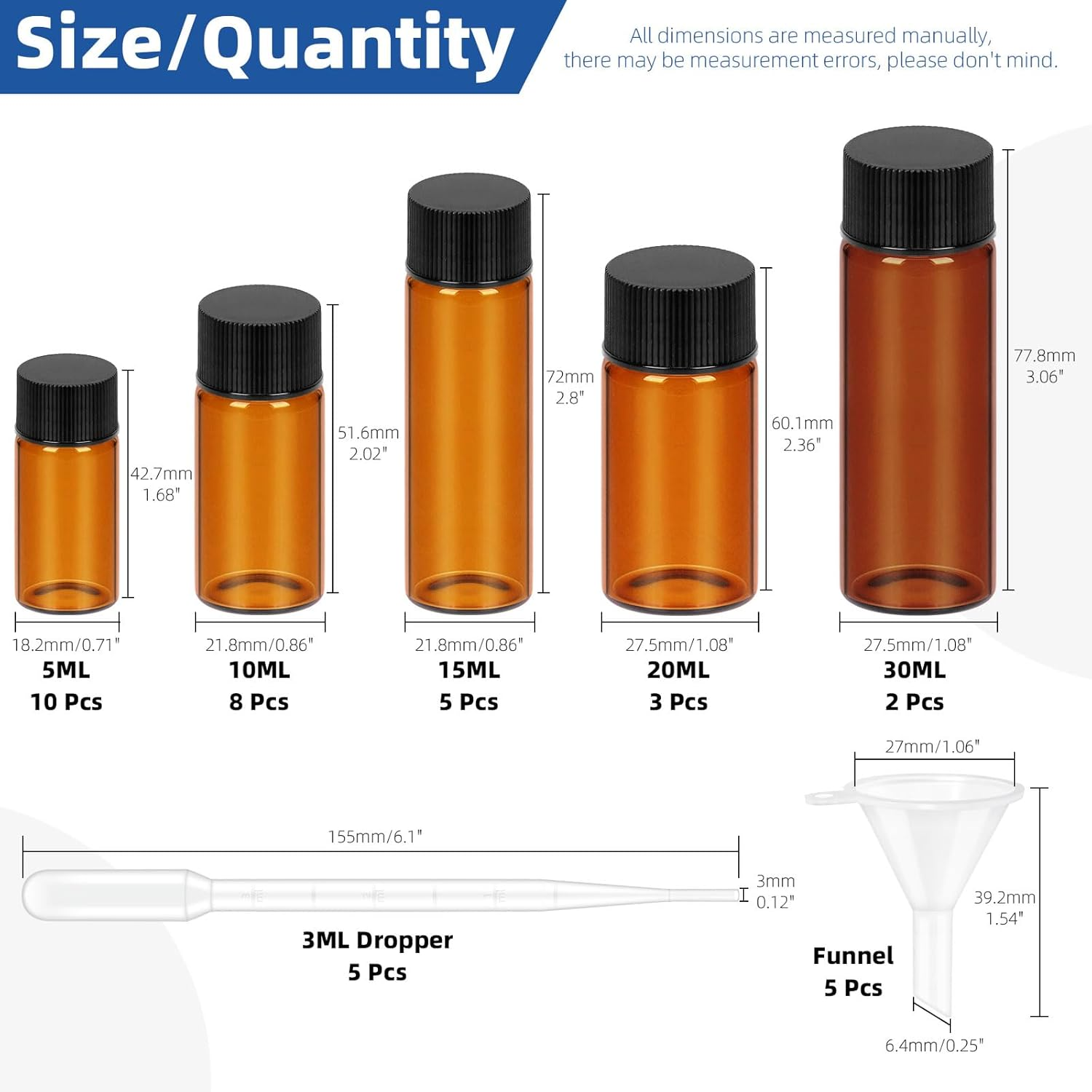 Glarks 38Pcs 5ML 10ML 15ML 20ML 30ML Brown Glass Vials with Black Screw Caps, Small Liquid Sample Vial, Leak-Proof Vial with Dropper and Small Funnel Set image number 3