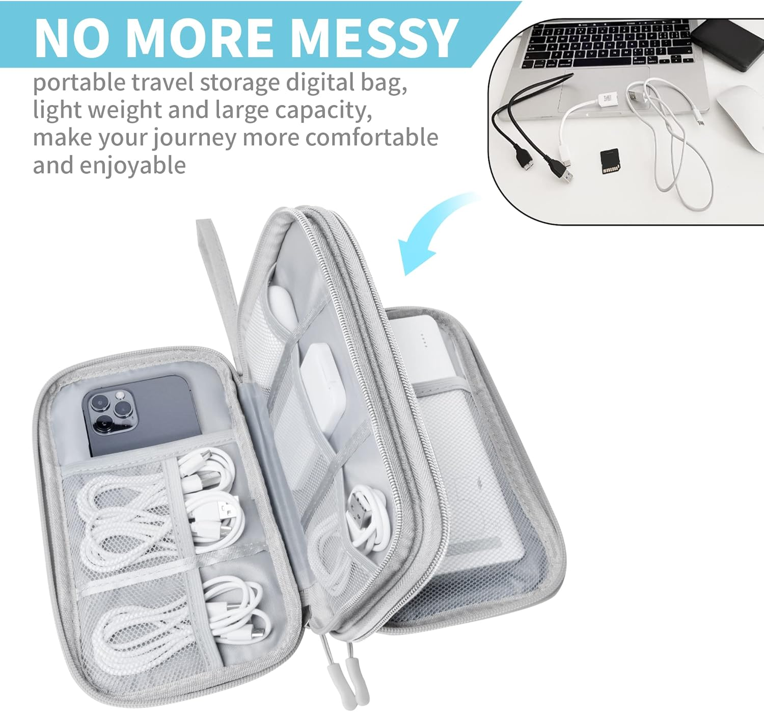 Electronics Travel Organizer,Portable Waterproof Electronic Travel Storage Bag for Small Charging Cord Storage,Charger,Small Electronics,Sd Card Etc,For Travel,Business - Grey image number 4