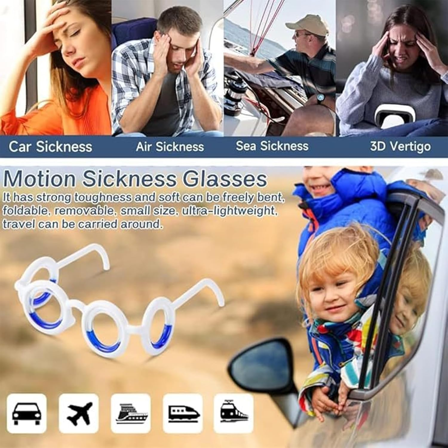 Motion Sickness Glasses - Portable Anti-Motion Sickness Adjustable Lens Technology for Rides/Travel/Games, Anti-Motion Sickness Smart Glasses for Adults and Children (White) image number 4